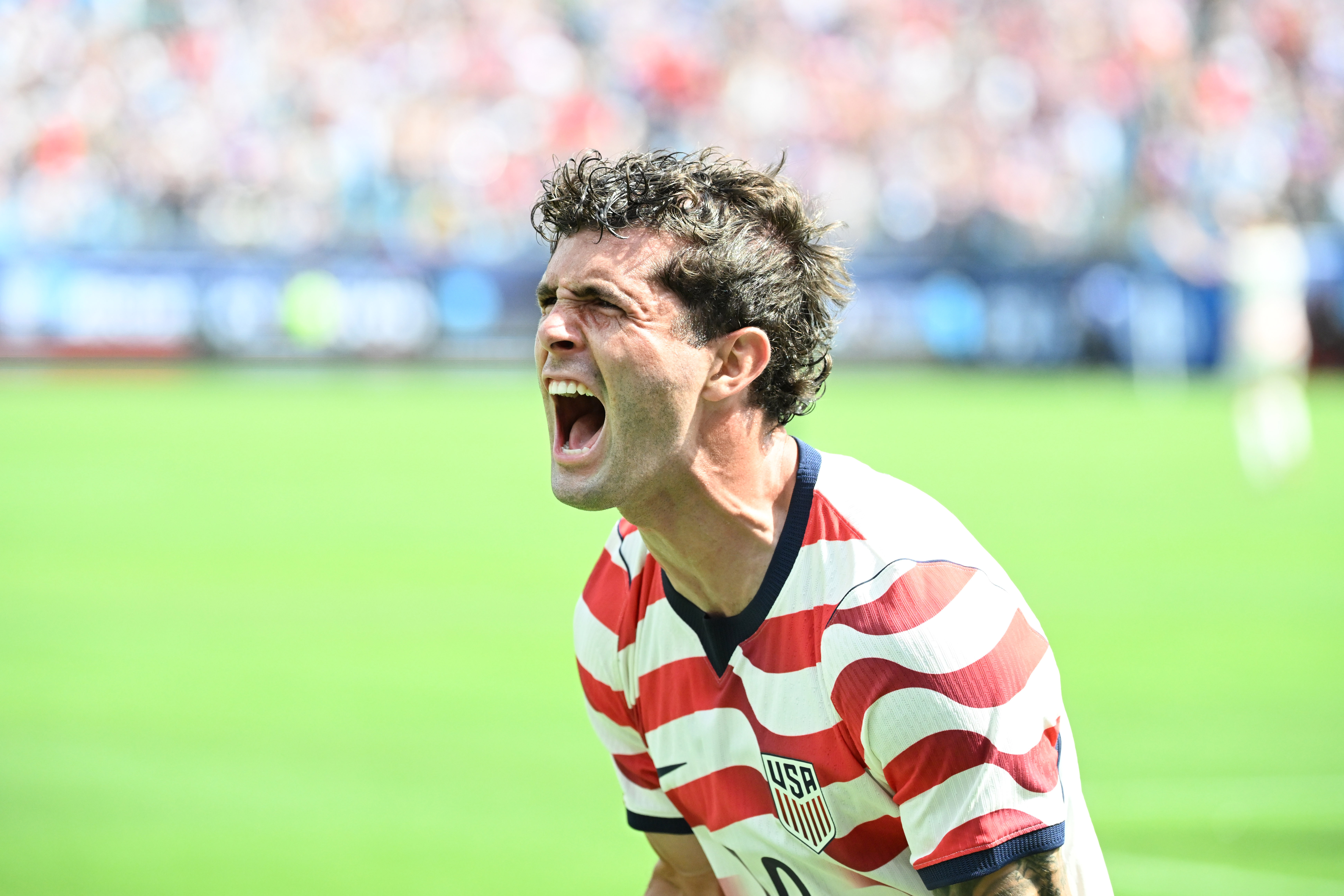 May 31, 2026; Charlotte, North Carolina, USA; United States of America forward Christian Pulisic (10) reacts after scoring in the first half at Bank of America Stadium. Mandatory Credit: Bob Donnan-Imagn Images