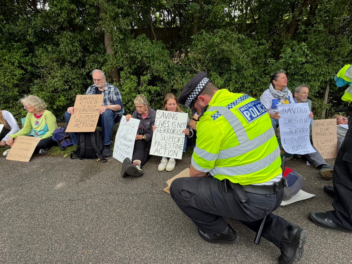 Security forces take measures as protesters gather outside Woolwich Crown Court to show support for a group known as the “Filton 24,” whose trial is ongoing over a protest at an Israeli defense company’s facility in Bristol in 2024 in London, United Kingdom on June 12, 2026. Four activists linked to Palestine Action will appear for sentencing after being found guilty of criminal damage, violent disorder and grievous bodily harm with intent following an incident at an Elbit Systems facility in Filton, Bristol. Photojournalist:Aysu Biçer