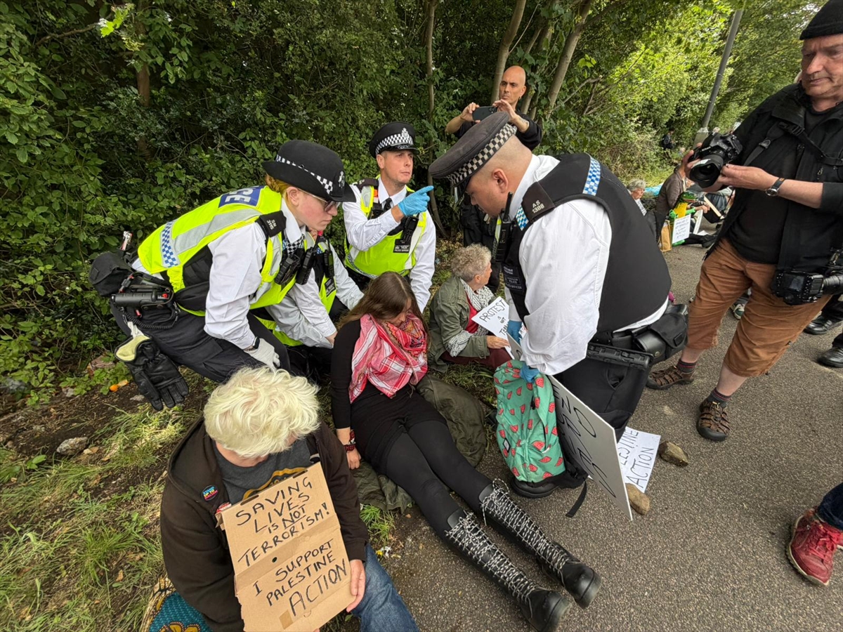 Security forces take measures as protesters gather outside Woolwich Crown Court to show support for a group known as the “Filton 24,” whose trial is ongoing over a protest at an Israeli defense company’s facility in Bristol in 2024 in London, United Kingdom on June 12, 2026. Four activists linked to Palestine Action will appear for sentencing after being found guilty of criminal damage, violent disorder and grievous bodily harm with intent following an incident at an Elbit Systems facility in Filton, Bristol. Photojournalist:Aysu Biçer