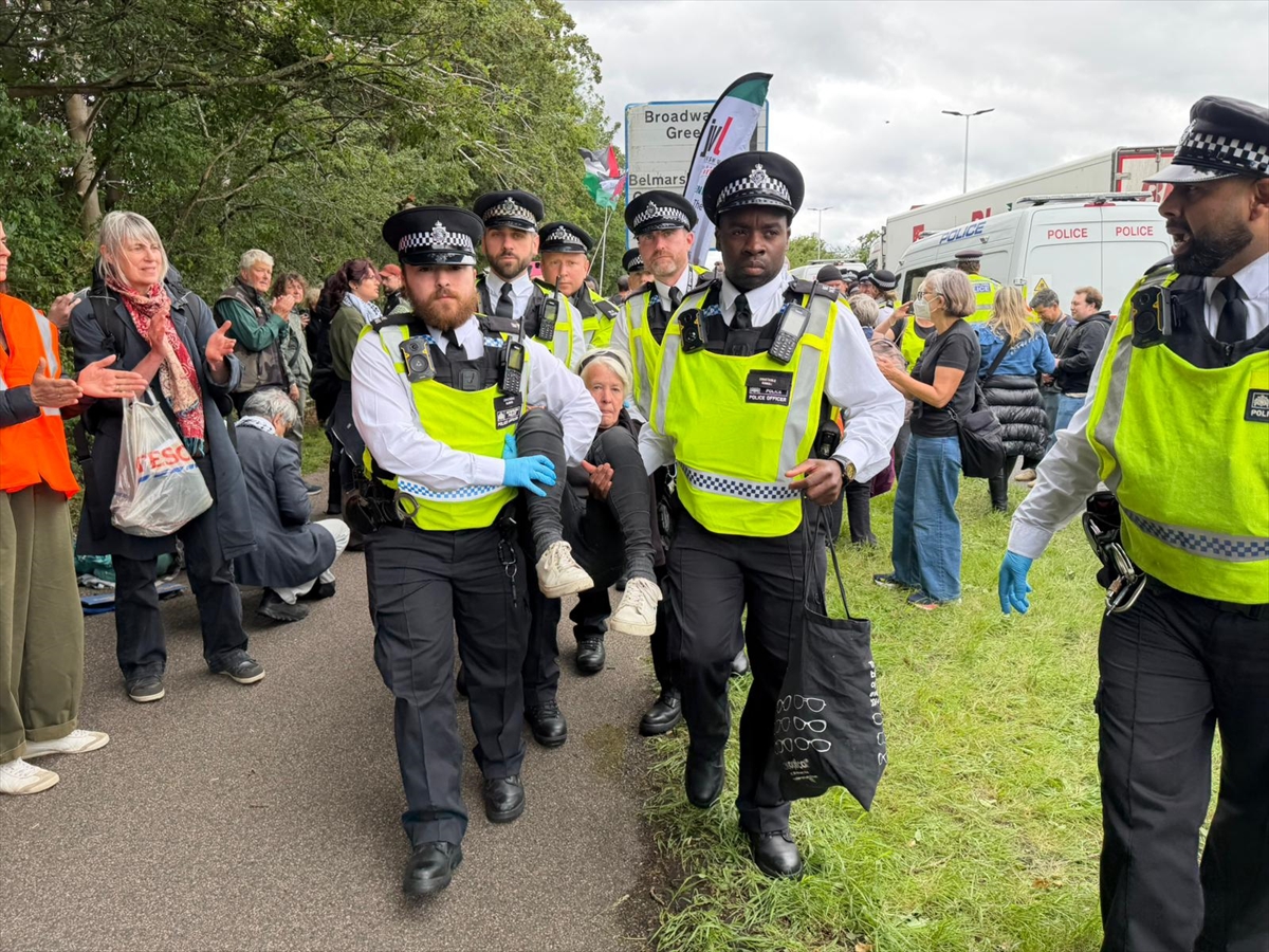 Security forces take measures as protesters gather outside Woolwich Crown Court to show support for a group known as the “Filton 24,” whose trial is ongoing over a protest at an Israeli defense company’s facility in Bristol in 2024 in London, United Kingdom on June 12, 2026. Four activists linked to Palestine Action will appear for sentencing after being found guilty of criminal damage, violent disorder and grievous bodily harm with intent following an incident at an Elbit Systems facility in Filton, Bristol.Photojournalist:Aysu Biçer