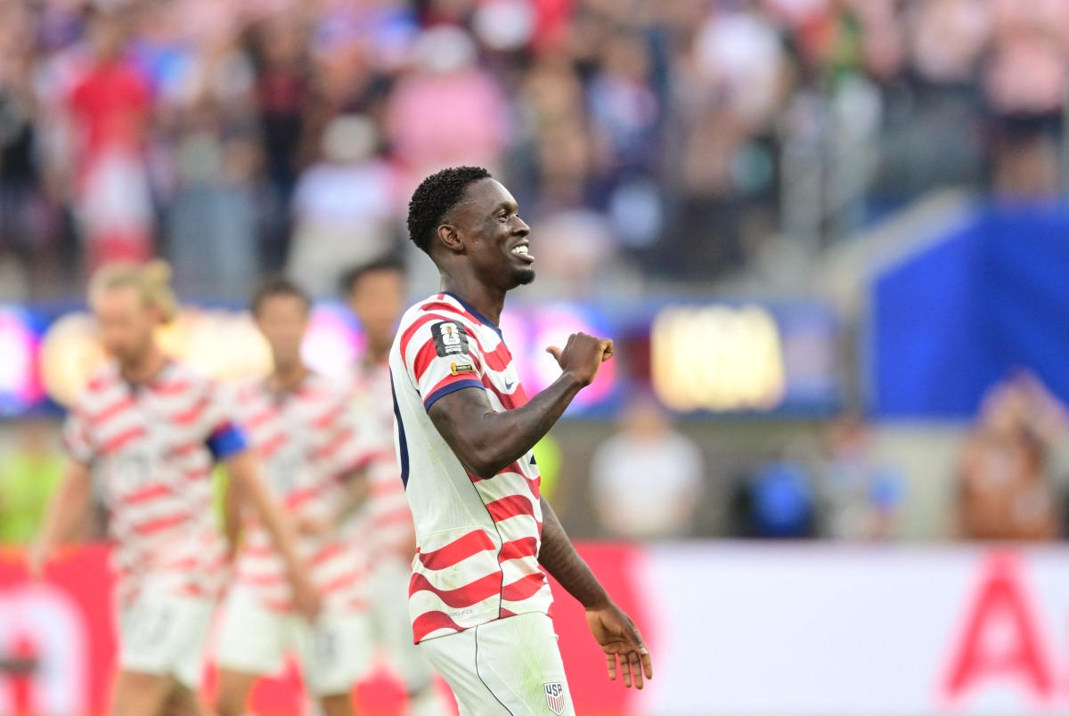 US forward #20 Folarin Balogun celebrates scoring his team's second goal during the 2026 World Cup Group D football match