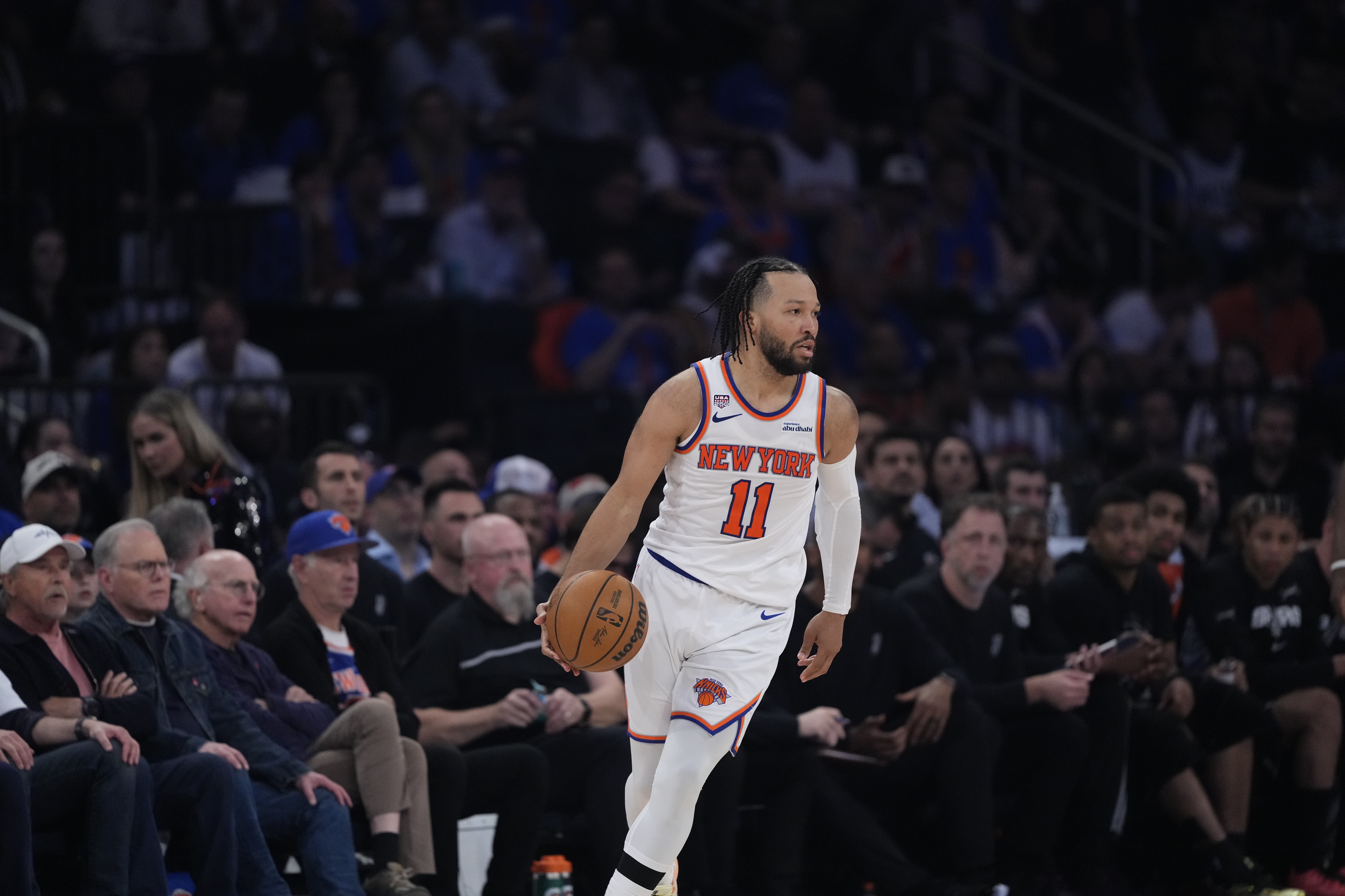 New York Knicks guard Jalen Brunson (11) moves the ball during the second half of Game 4 of the NBA Finals basketball series, Wednesday, June 10, 2026, in New York. (AP Photo/Ross D. Franklin)