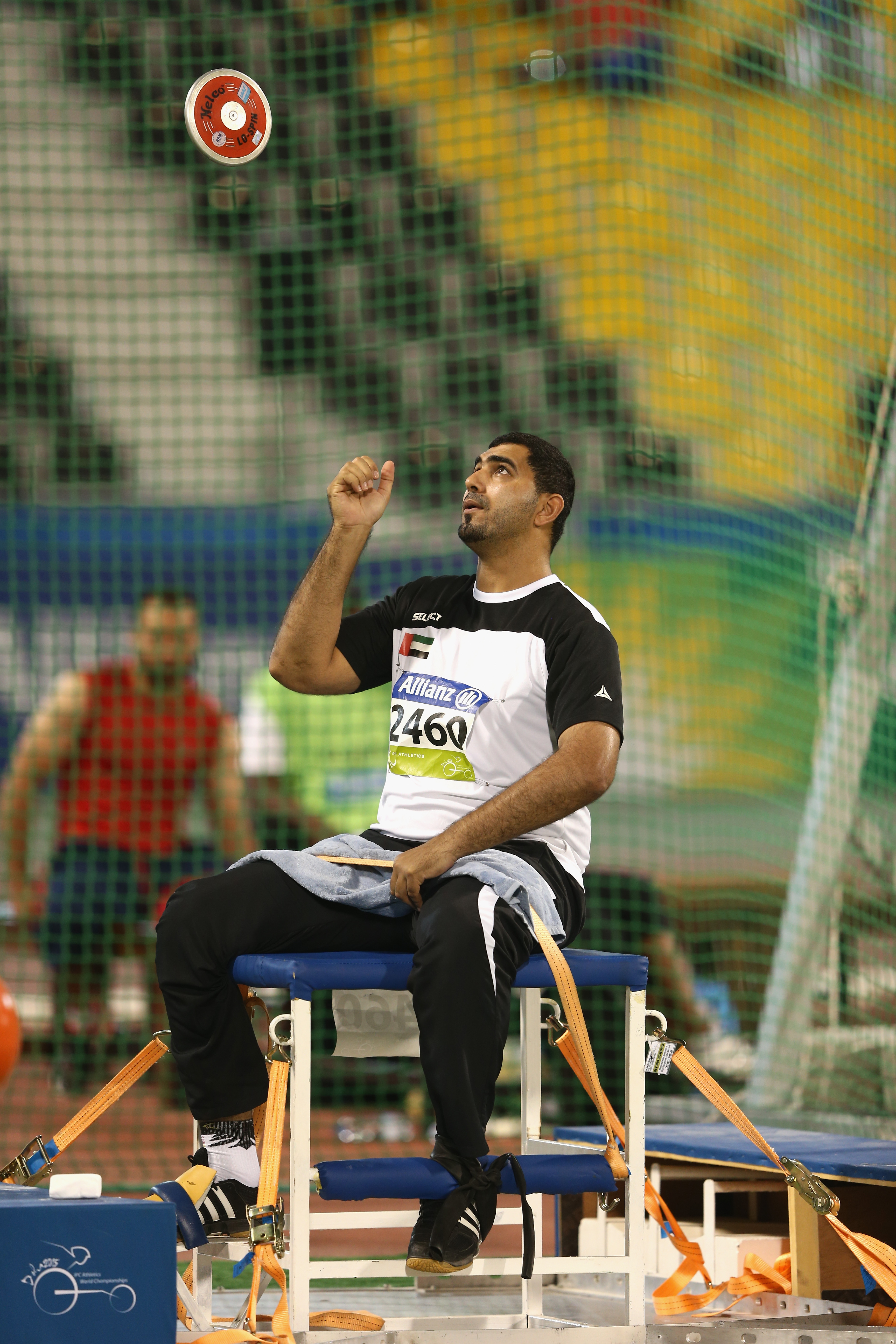 Abdullah Hayayei of UAE competes in the men's discus F34 final during the Evening Session on Day Ten of the IPC Athletics World Championships at Suhaim Bin Hamad Stadium on October 31, 2015 in Doha, Qatar
