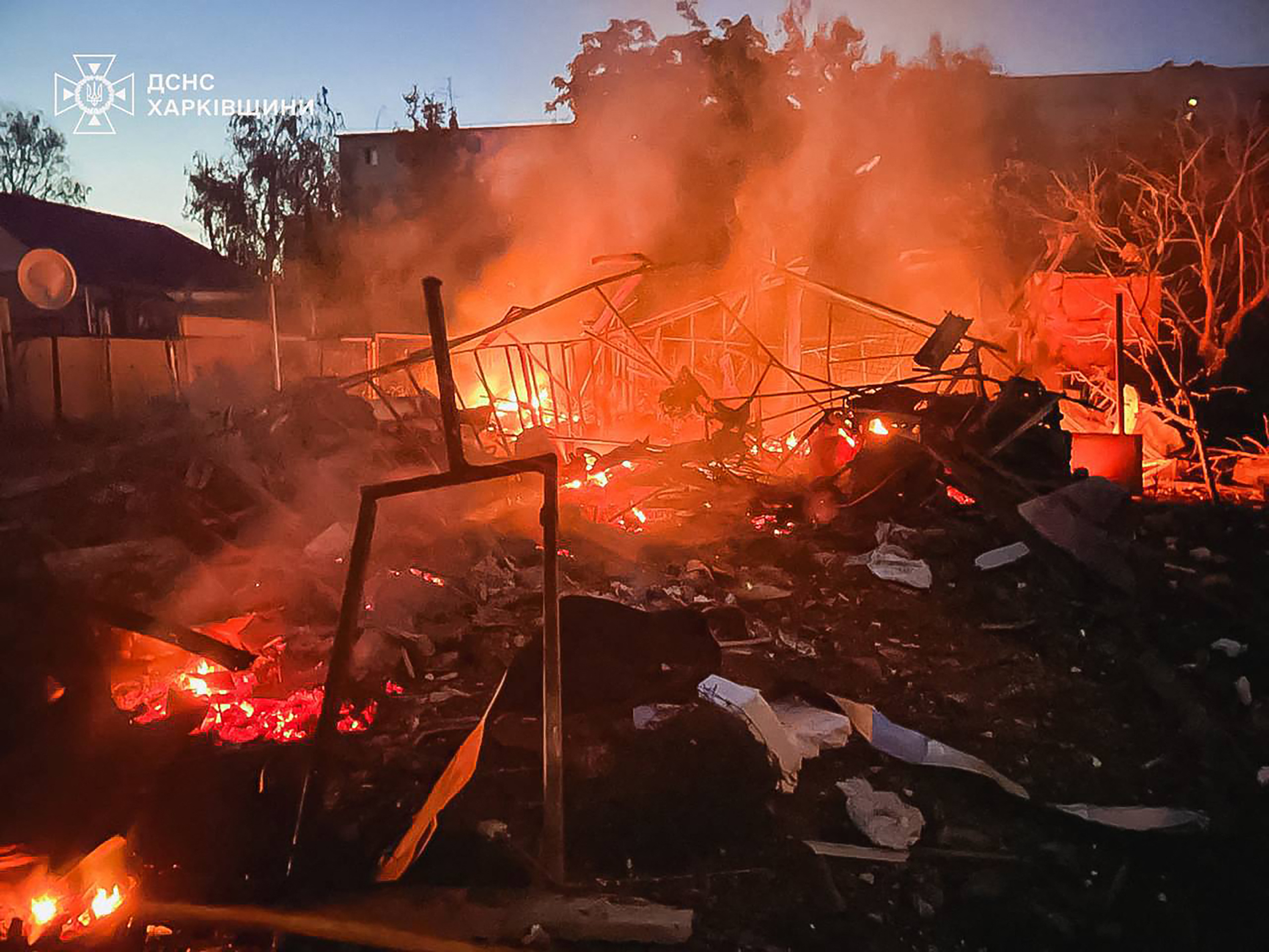 A fire in the Kharkiv region following Russian strikes