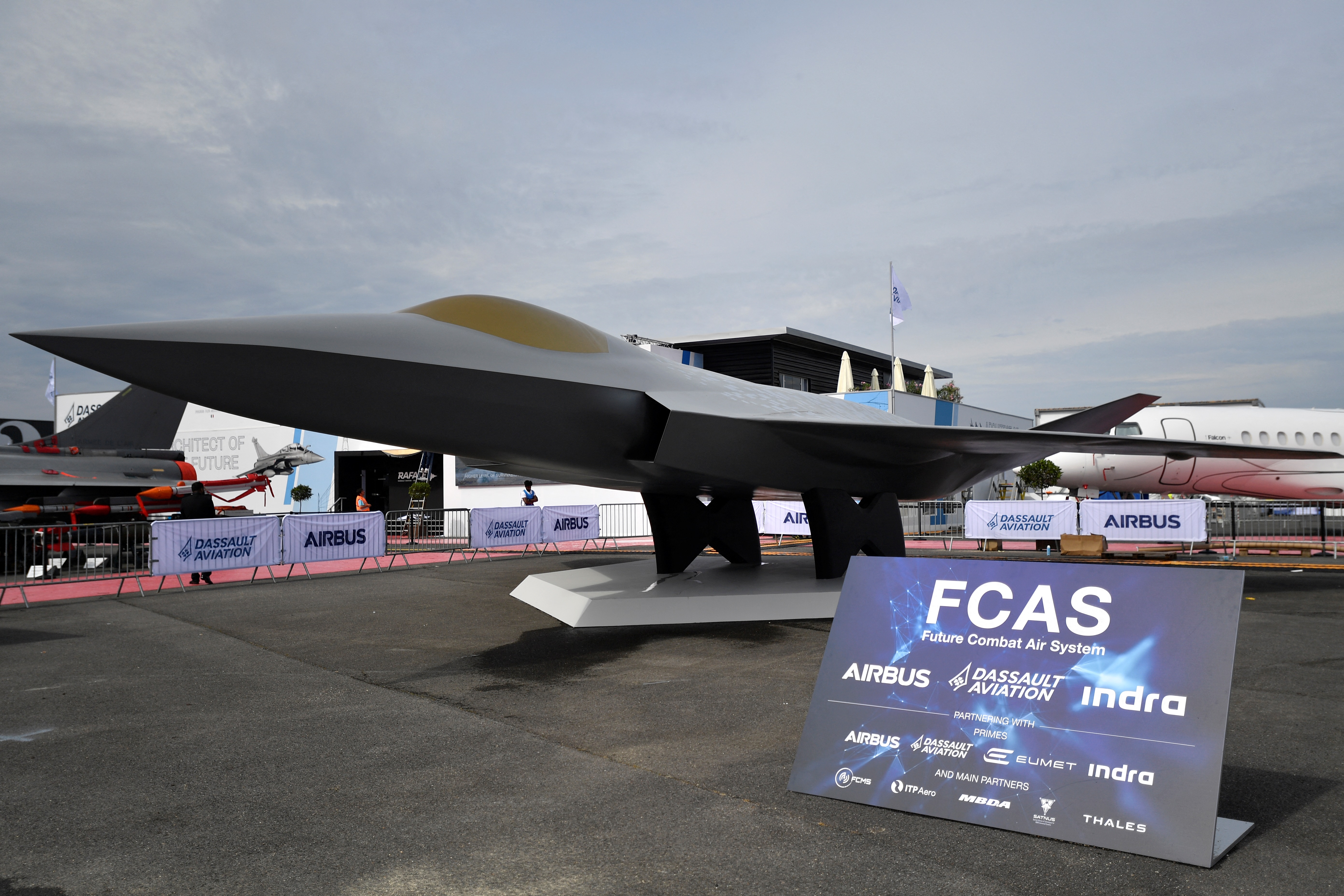 (FILES) This photograph taken on June 18, 2023 shows a mock-up of the European New Generation Fighter (NGF) for the Future Combat Air System (FCAS) under development by Dassault Aviation, Airbus and Indra Sistemas during the International Paris Air Show at the Paris–Le Bourget Airport.