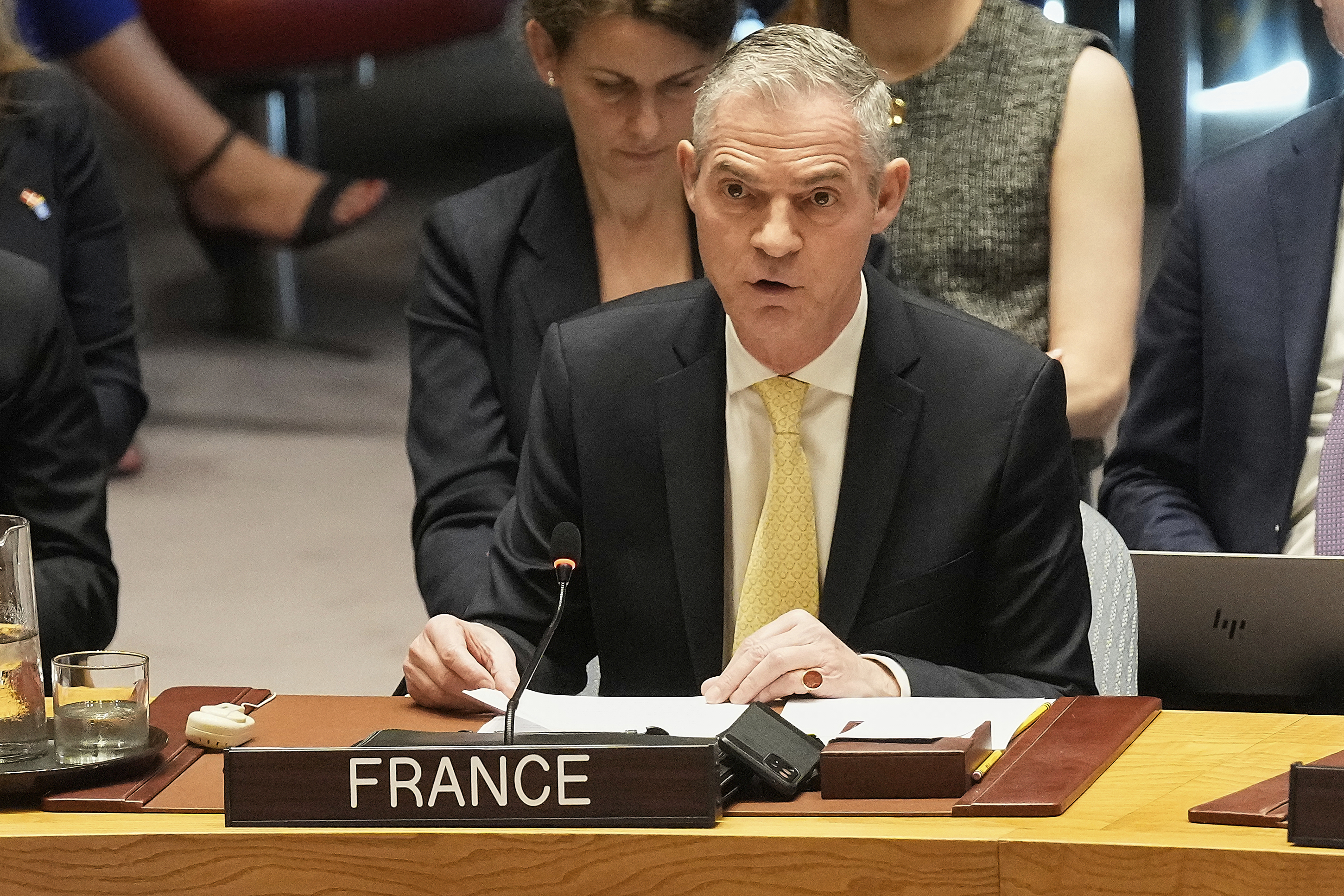 France UN Ambassador Jerome Bonnafont addresses a United Nations Security Council meeting, Friday, June 20, 2025. (AP Photo/Richard Drew)