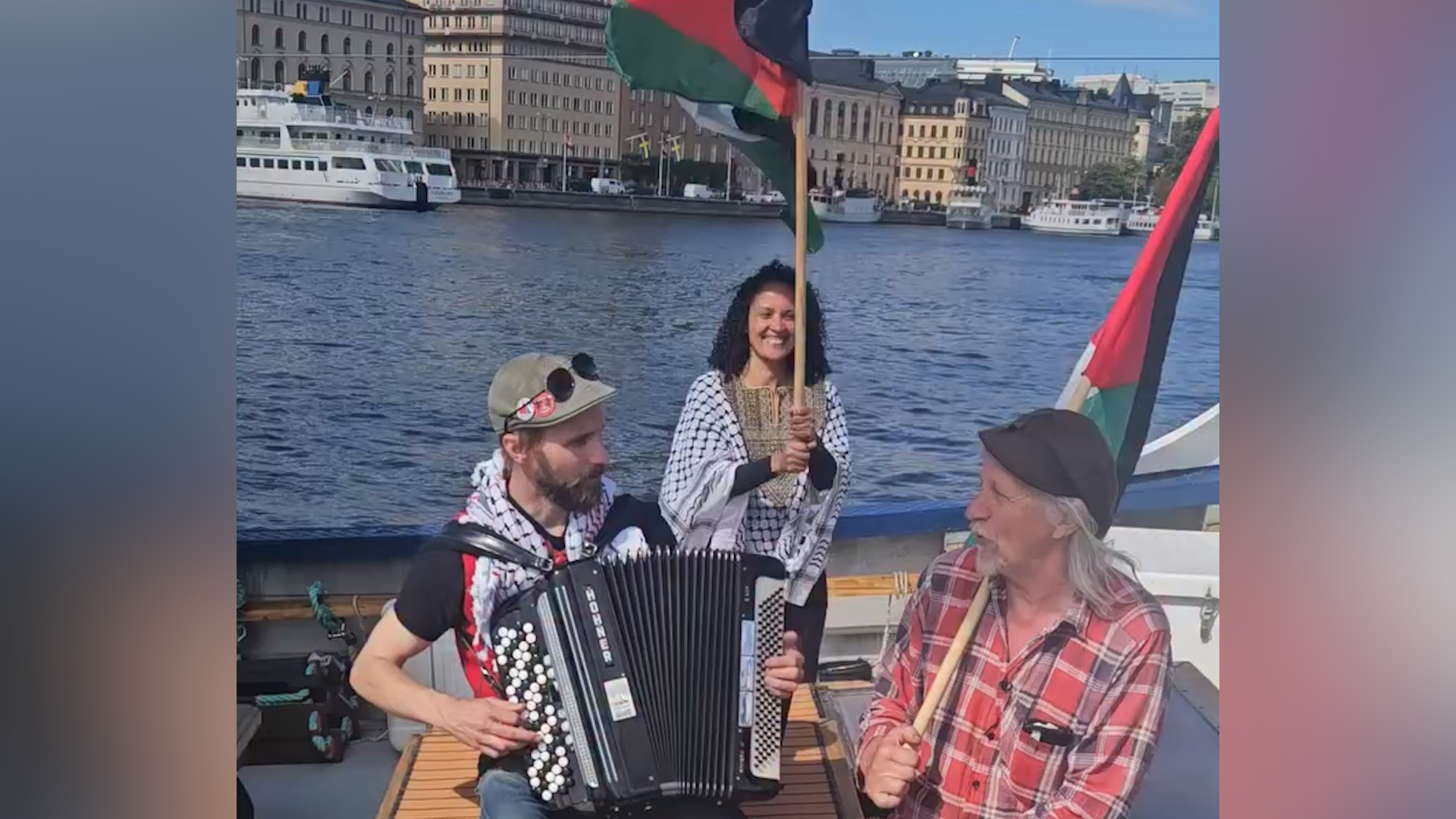 A screenshot shows activists aboard the Gaza-bound ship Handala 2 as it starts its voyage from Sweden, weeks after Israeli forces abducted activists on a similar mission in international waters. [@swedish.friends/Instagram]