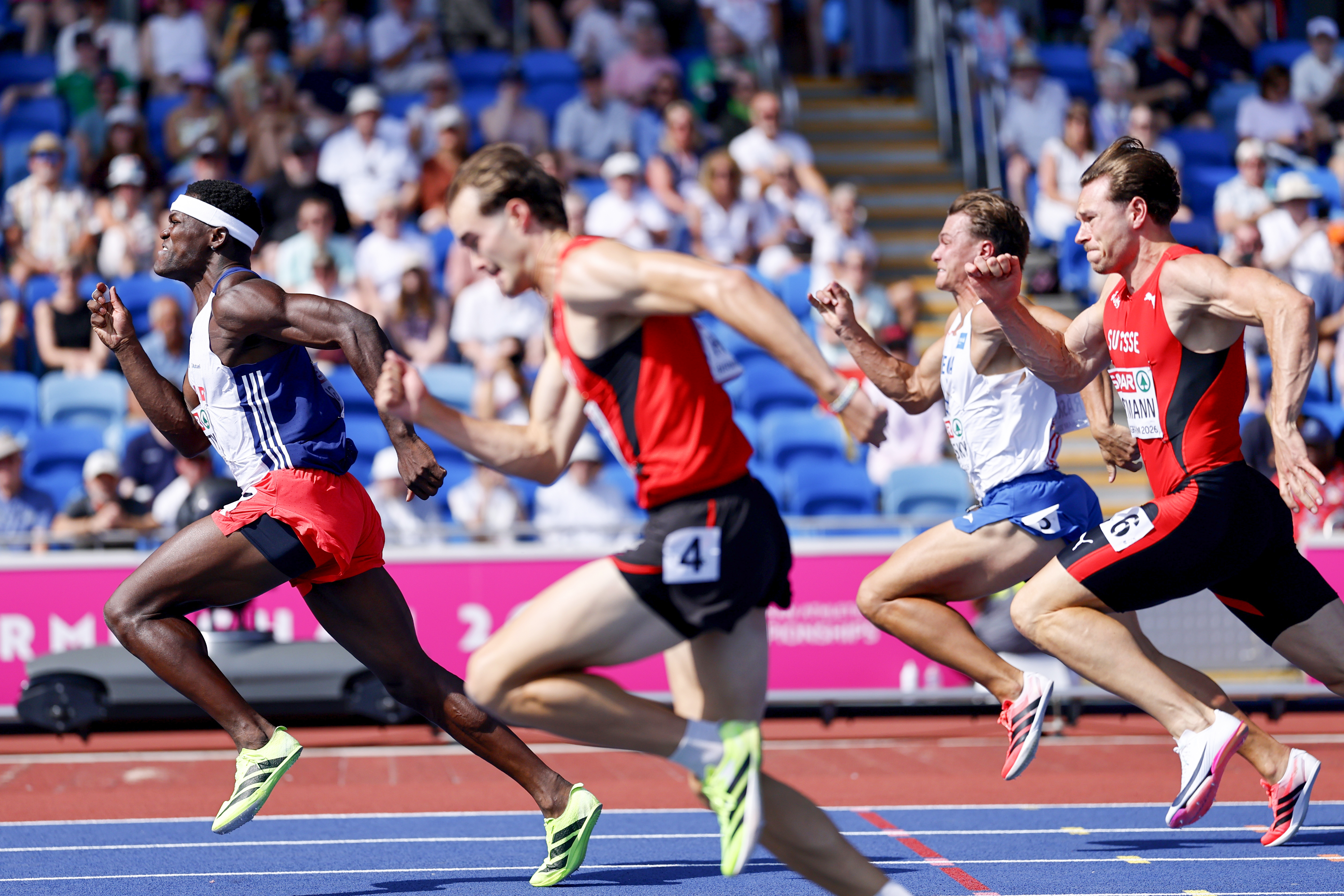 epa13166071 Makenson Gletty (L) of France competes in the Men’s Decathlon 110m hurdles heats at the European Athletics Championships Birmingham 2026, Birmingham, Britain, 13 August 2026.  EPA/TOLGA AKMEN