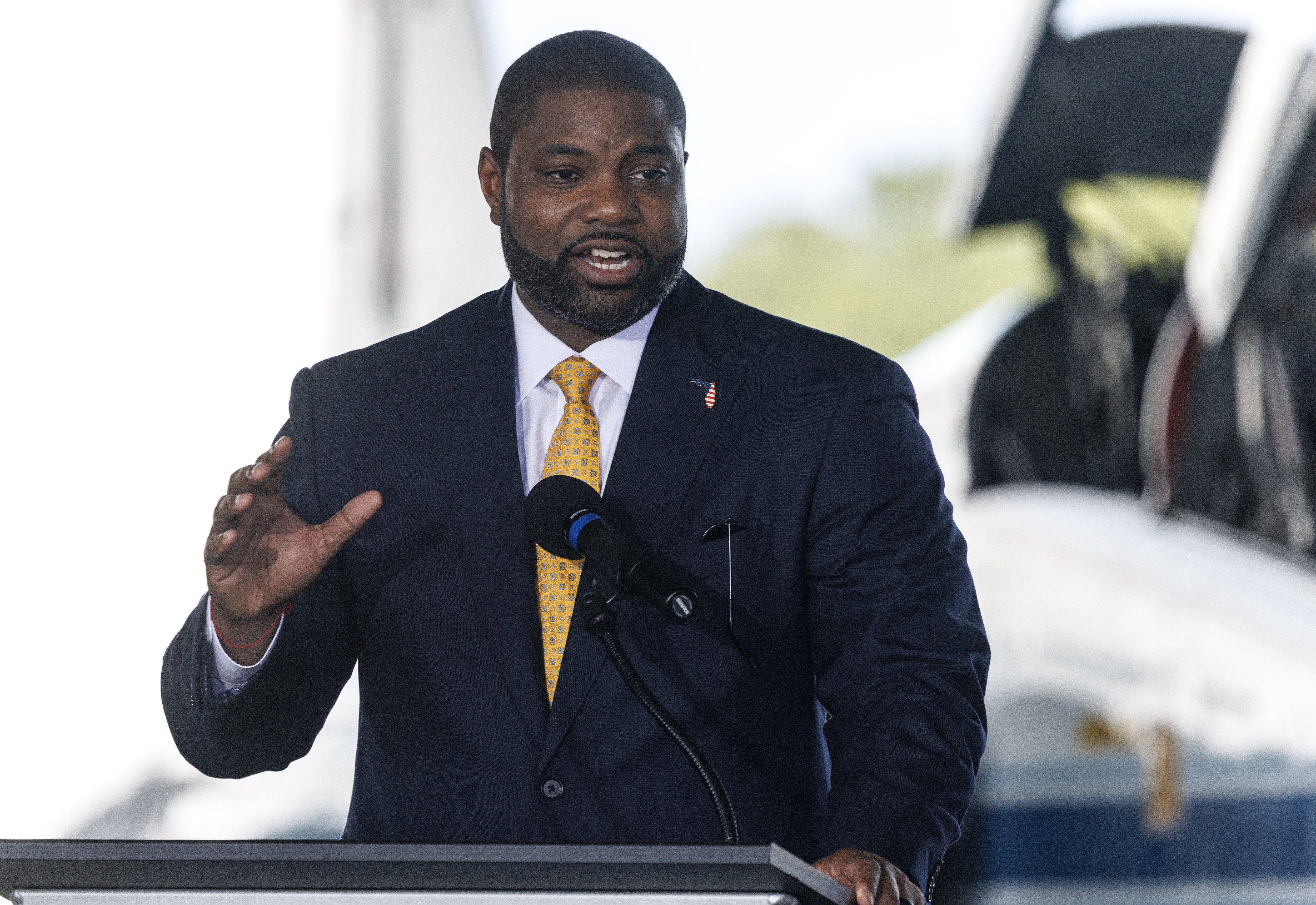 epa13170028 US Representative Byron Donalds speaks during the announcement of the MAX POWER aerospace expo and air show during a press conference at NASA's Kennedy Space Center in Florida, USA, 14 August 2026. The two-day event, scheduled for 07 and 08 November at and near Kennedy Space Center, will celebrate the 250th anniversary of the United States and showcase American air and space innovation. EPA/CRISTOBAL HERRERA-ULASHKEVICH