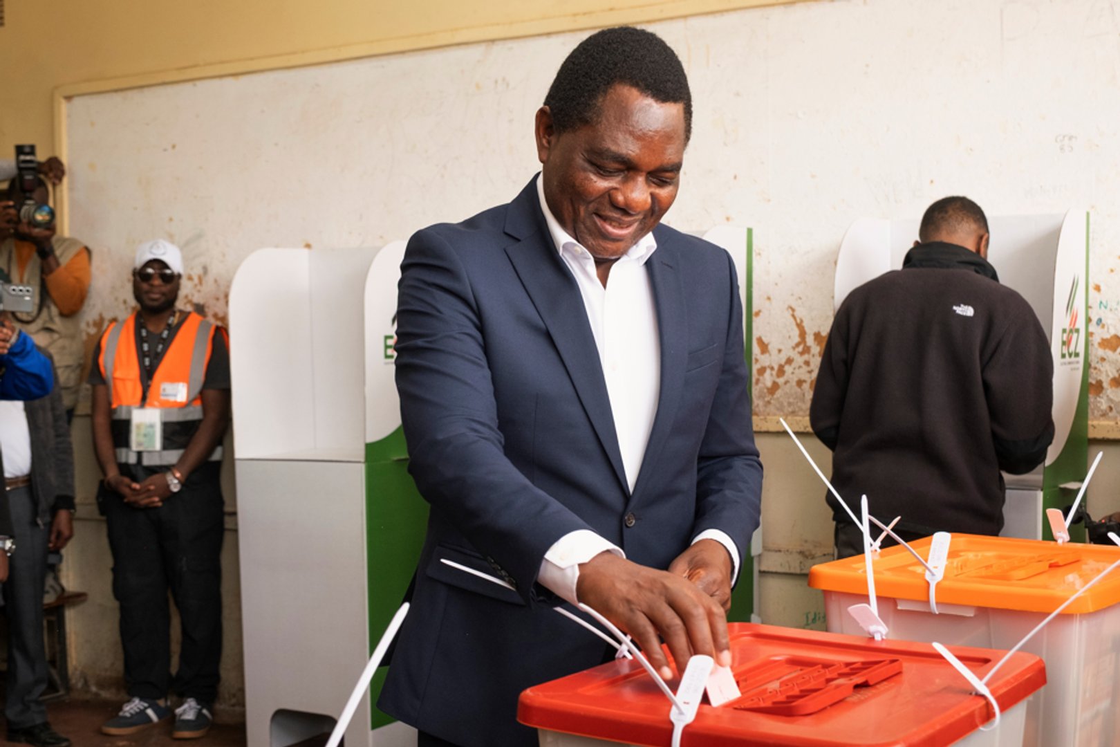 Zambia's President Hakainde Hichilema casts his vote at a polling station in Lusaka, Zambia, Thursday, Aug. 13, 2026. (AP Photo/Anita Reed)
