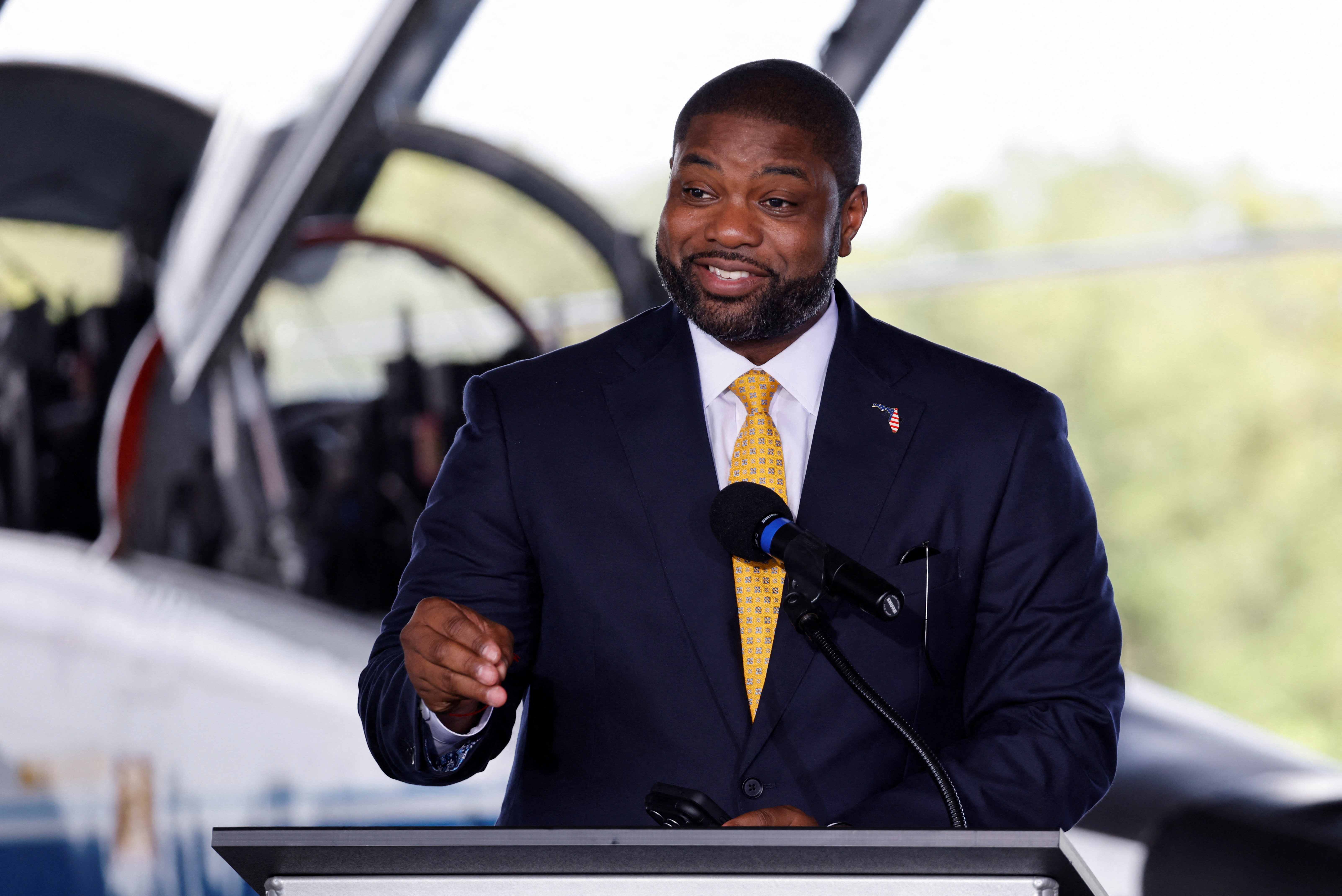 U.S. Representative and Florida gubernatorial candidate Byron Donalds (R-FL) speaks after the announcement of "MAX POWER" a public exposition on American air and space innovation, at NASA's Kennedy Space Center in Cape Canaveral, Florida, U.S., August 14, 2026. REUTERS/Joe Skipper