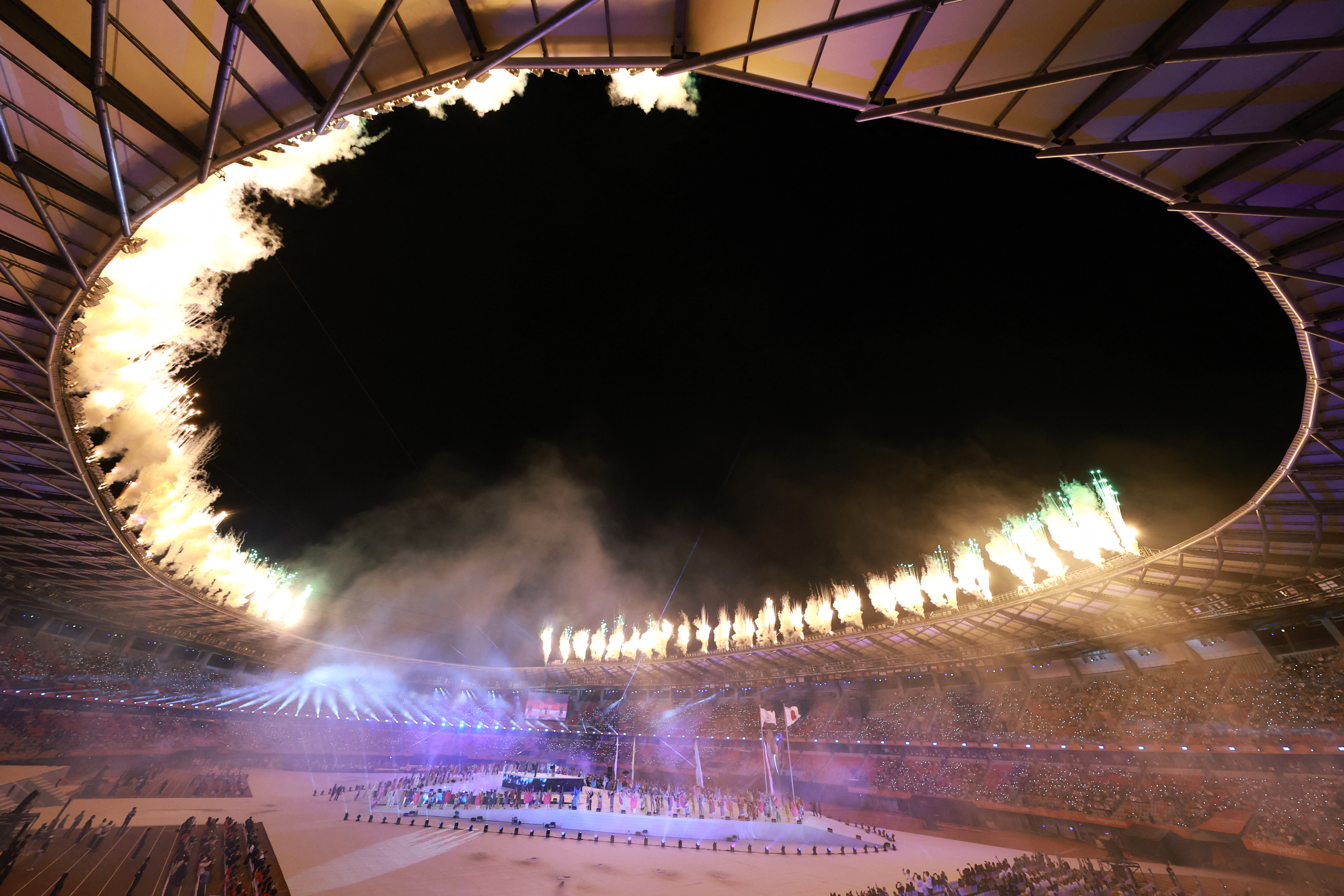 Fireworks illuminate the Mizuho Stadium at the end of the opening ceremony of the 2026 Asian Games in Nagoya, Japan