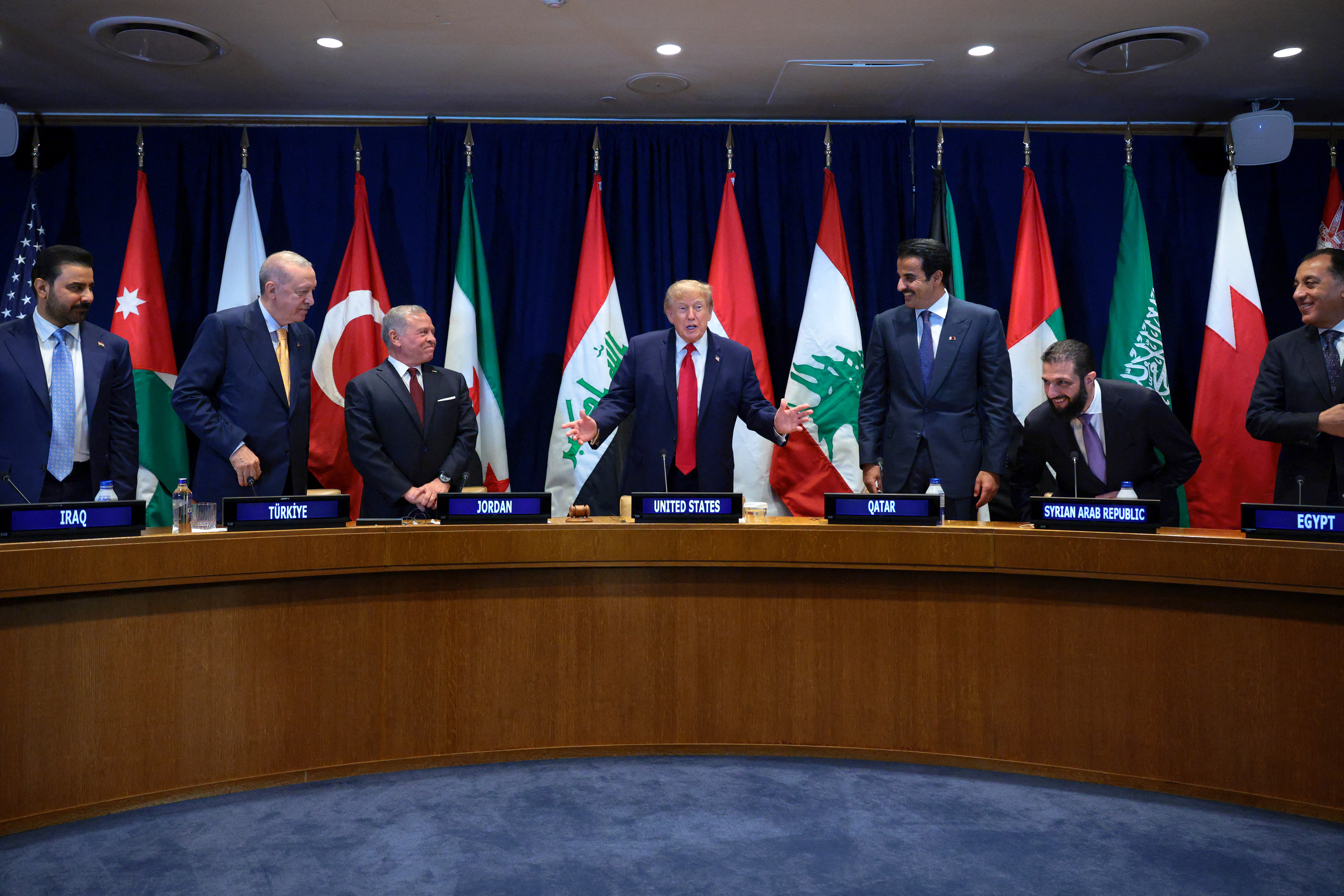 NEW YORK, NEW YORK - SEPTEMBER 22: (L-R) Prime Minister of Iraq Ali al-Zaidi, President of Turkey Recep Tayyip Erdoğa, King Abdullah II of Jordan, U.S. President Donald Trump, Qatari Emir Sheikh Tamim bin Hamad Al Thani, President of the Syrian Arab Republic is Ahmad al-Sharaa, and Prime Minister of Egypt is Mostafa Madbouly attend a multilateral meeting of the Gulf Cooperation Council during the 81st session of the United Nations (U.N.) General Assembly at U.N. Headquarters on September 22, 2026 in New York City. World leaders have gathered in New York for the annual session of the United Nations General Assembly, with this year's global issues ranging from the threat of artificial intelligence to the continued wars in Ukraine and Gaza. Chip Somodevilla/Getty Images/AFP (Photo by CHIP SOMODEVILLA / GETTY IMAGES NORTH AMERICA / Getty Images via AFP)