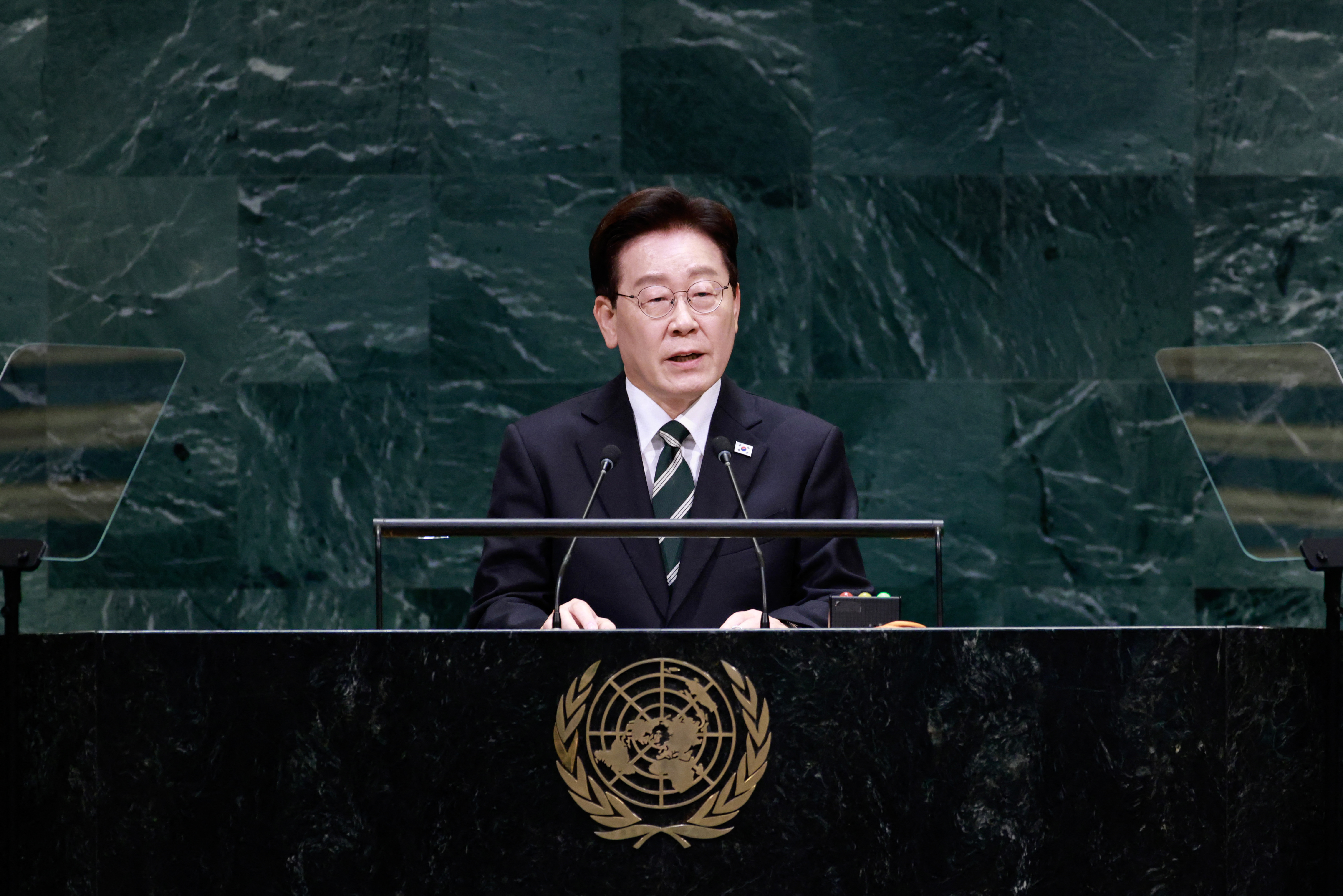 South Korean President Lee Jae Myung speaks during the 81st United Nations General Assembly at the United Nations Headquarters in New York, on September 22, 2026.