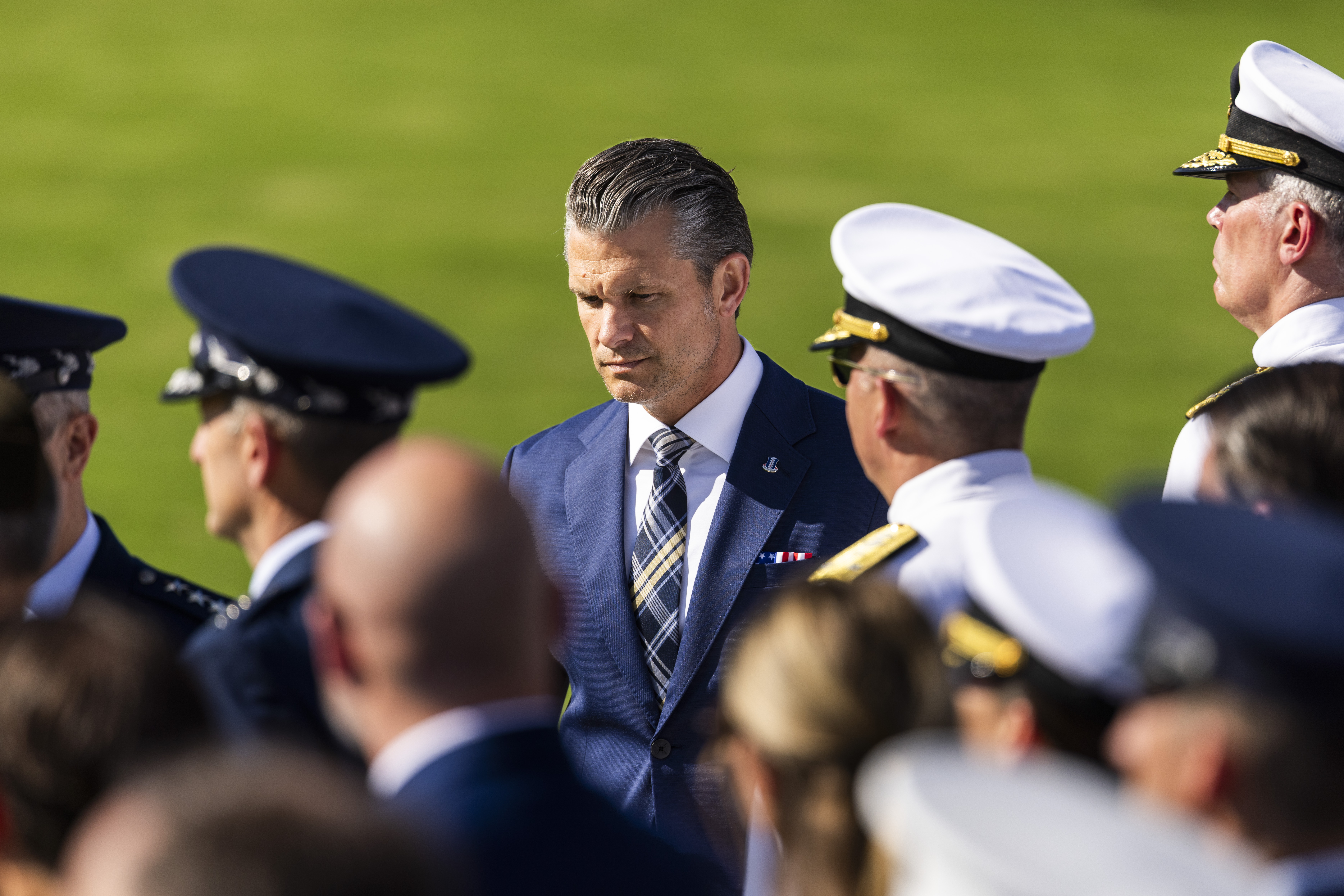 epa13248435 US Secretary of Defense Pete Hegseth (C) arrives to a national POW/MIA recognition day ceremony outside the Pentagon in Arlington, Virginia, USA 18 September 2026. EPA/JIM LO SCALZO