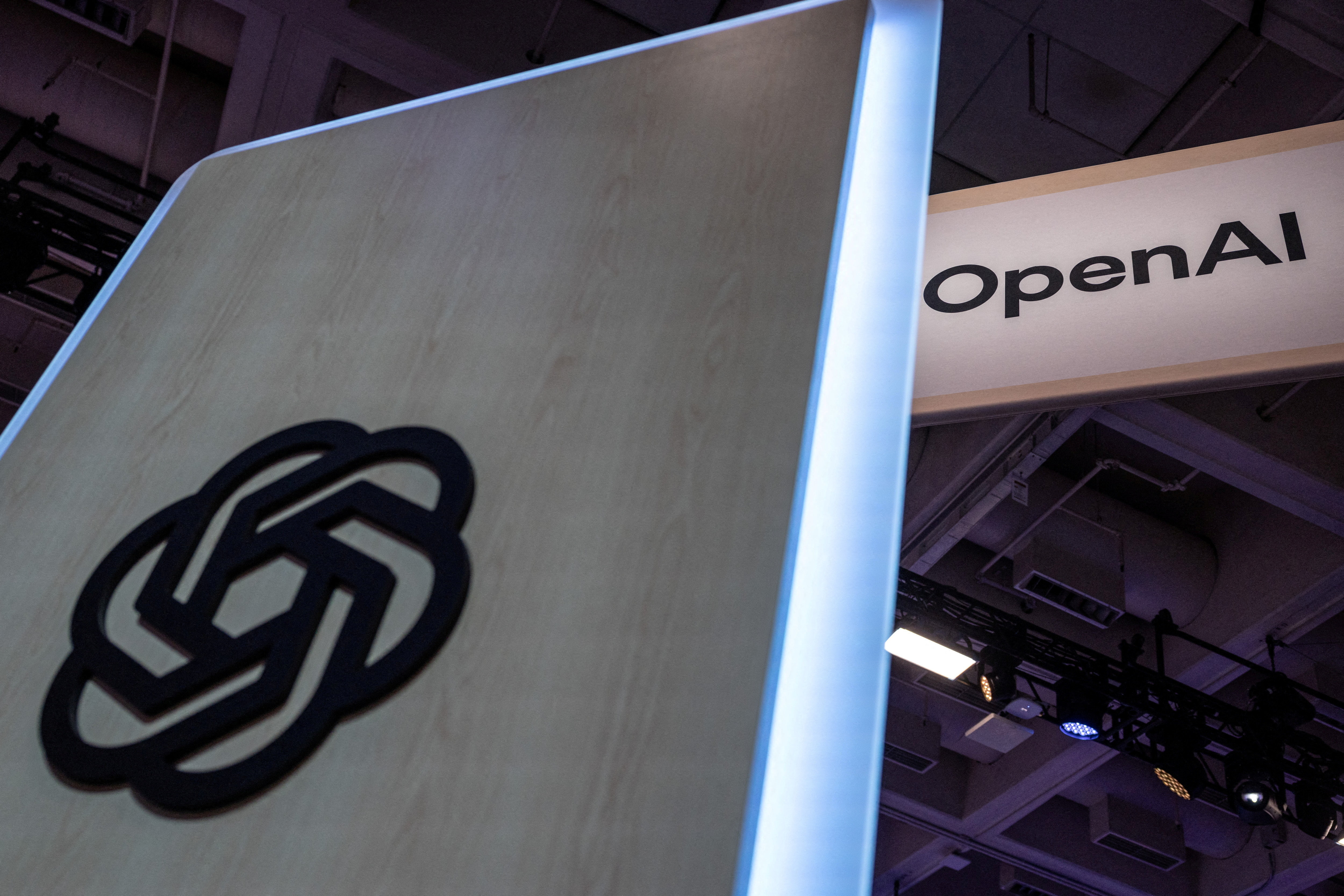 FILE PHOTO: An OpenAI logo is displayed at Moscone Center during the Dreamforce 2026 technology summit in San Francisco, California, US, September 17, 2026. REUTERS/Carlos Barria/File Photo