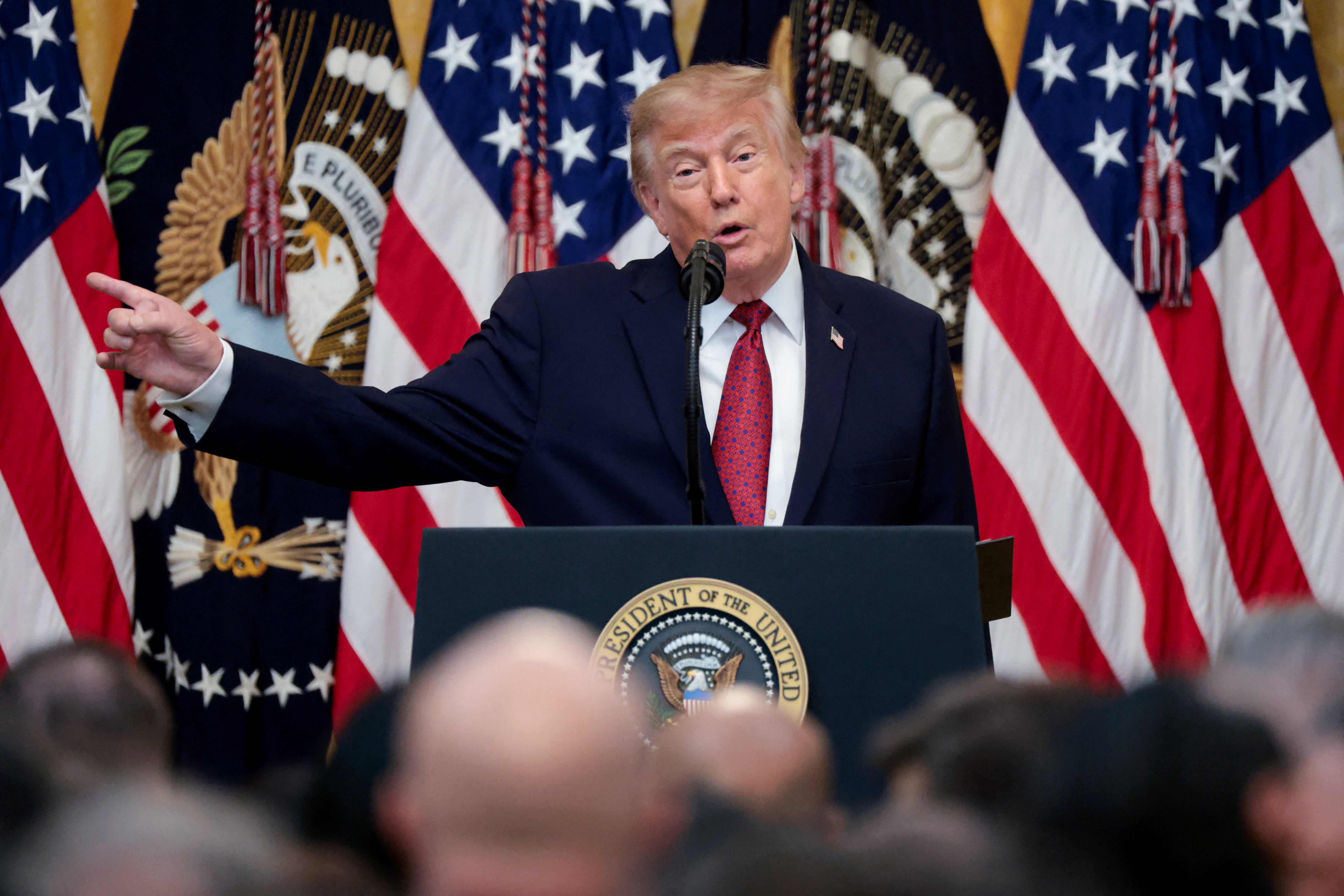 US President Donald Trump speaks as he hosts a Hispanic Heritage Month reception in the East Room at the White House in Washington, D.C., US, September 30, 2026. REUTERS/Jonathan Ernst