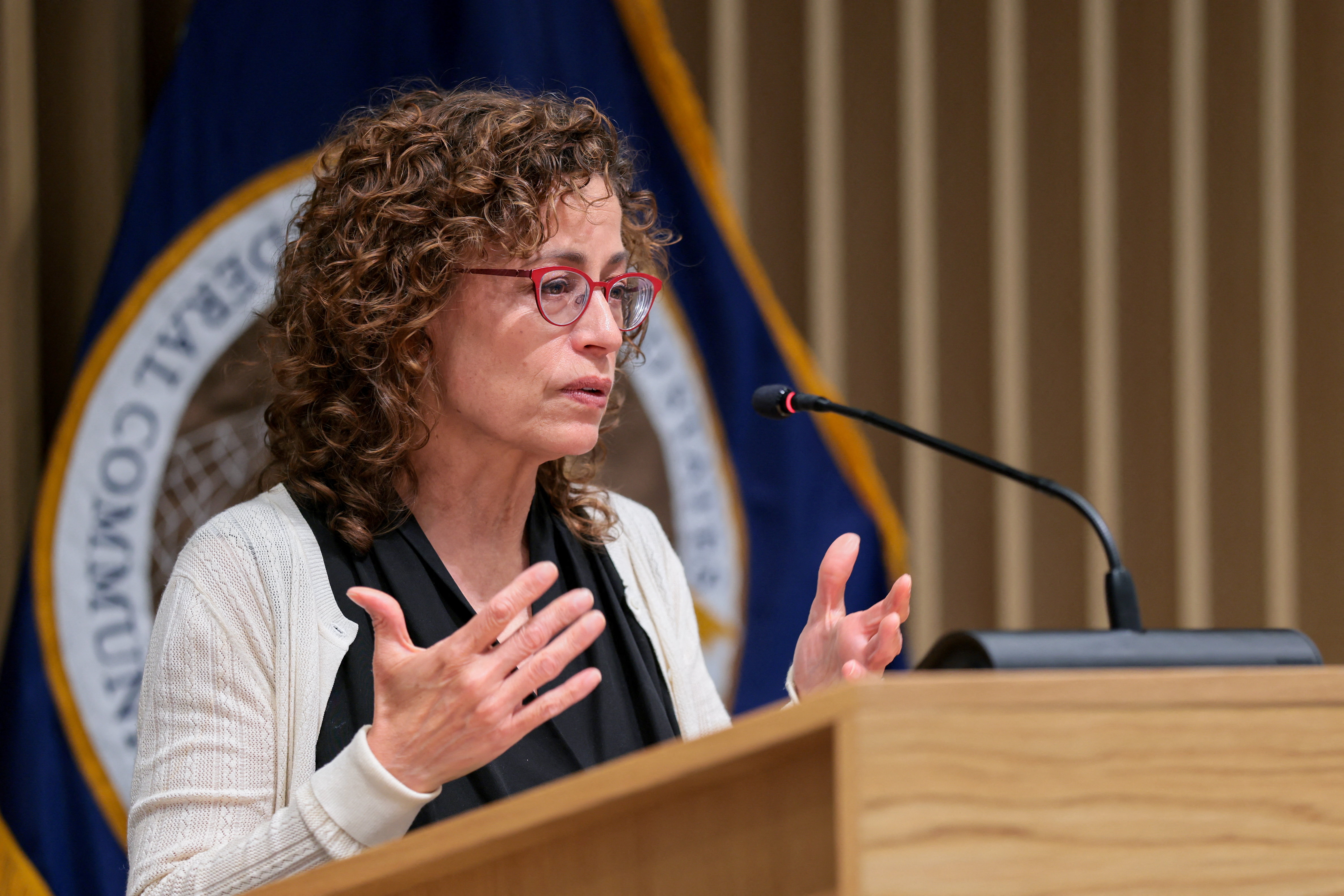U.S. Federal Communications Commission (FCC) Commissioner Anna Gomez speaks during a press conference, following an open meeting of the FCC, in Washington, D.C., U.S., July 22, 2026. REUTERS/Kylie Cooper