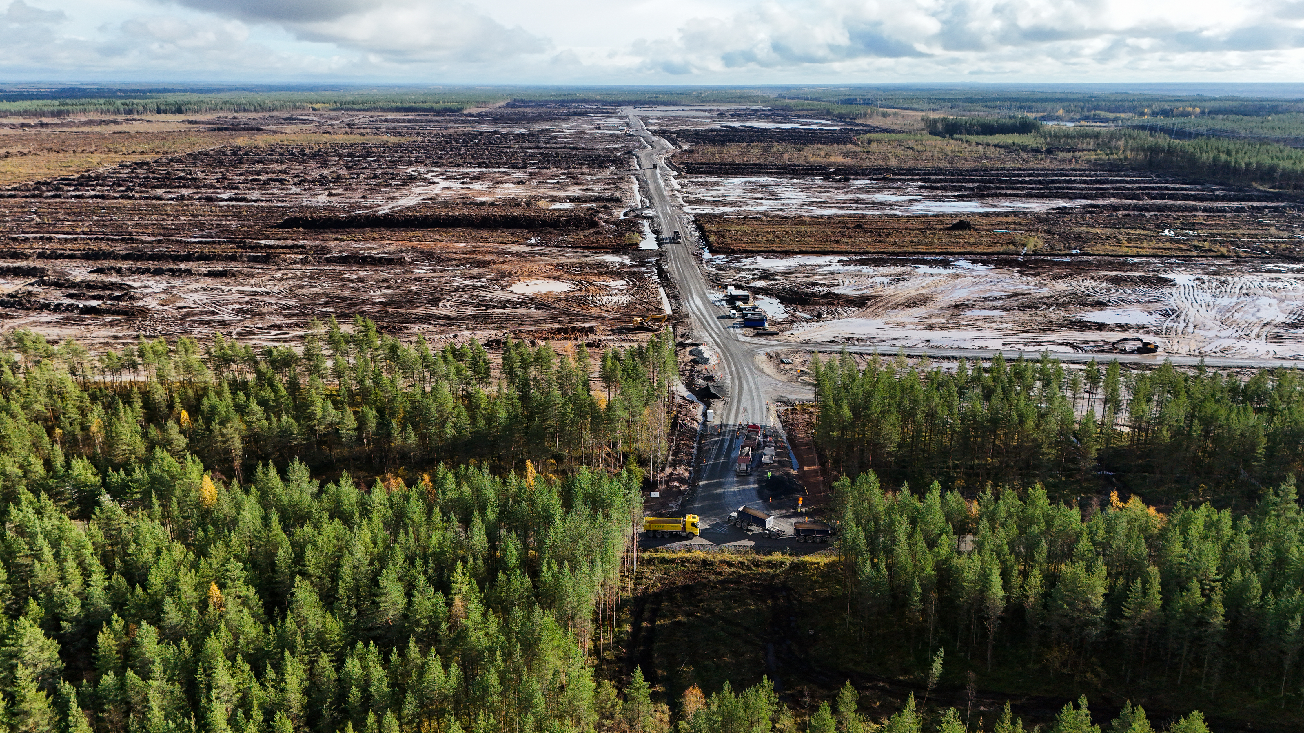 An aerial view shows the site in the middle of a forest.