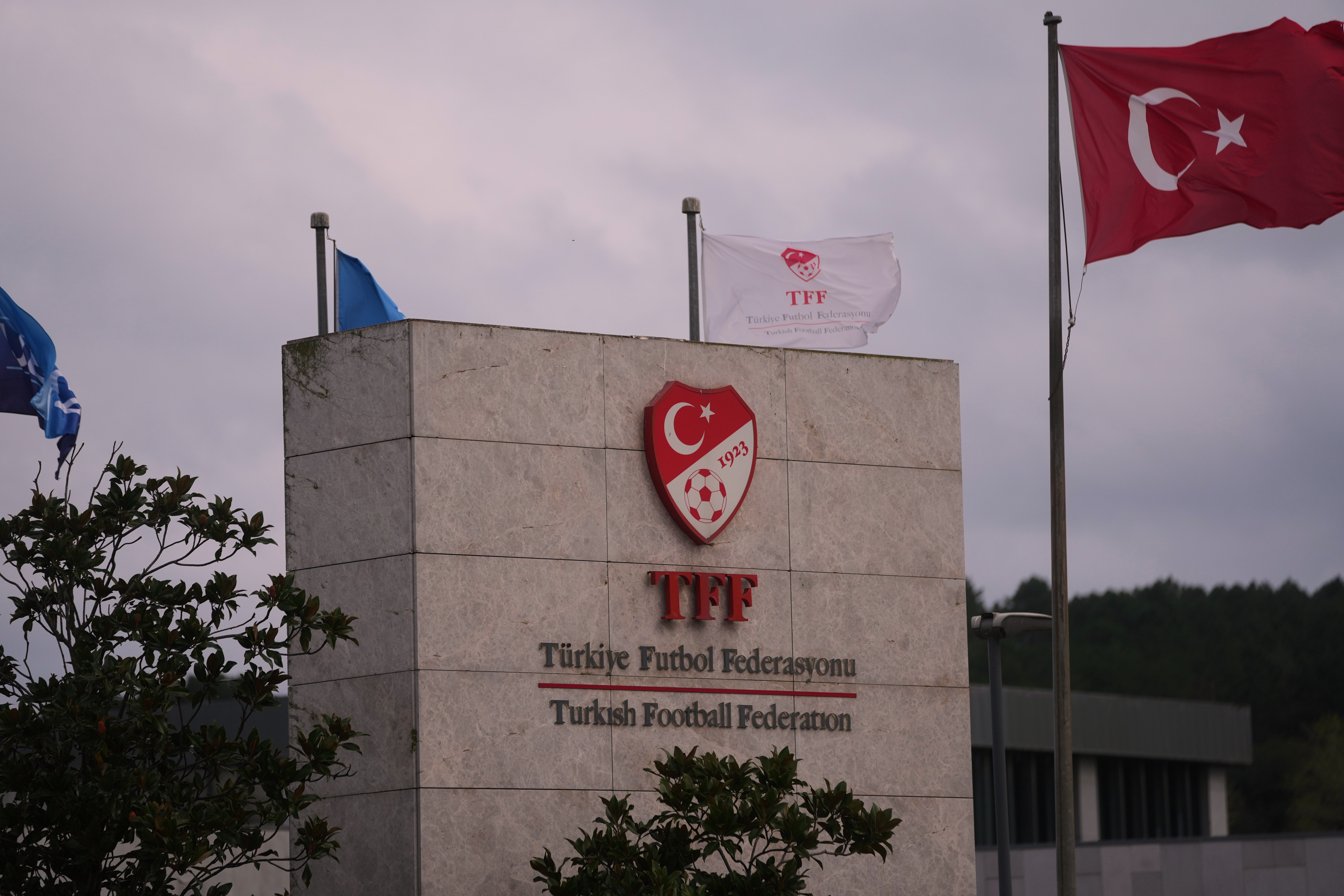 FILE - A Turkish flag waves at the Turkish Football Federation headquarters, in Istanbul on Nov. 12, 2025. (AP Photo/Francisco Seco, File)