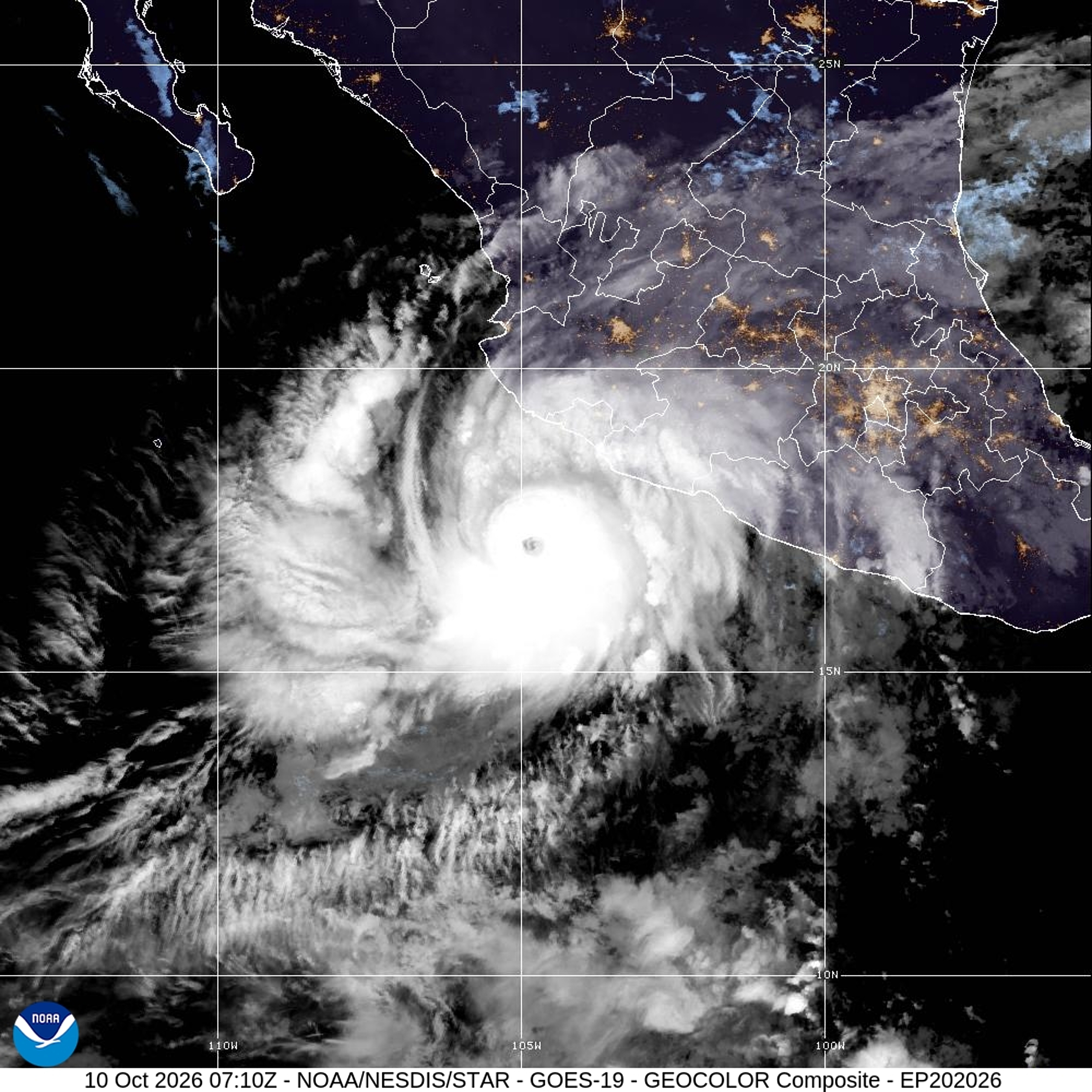 This satellite image provided by the National Oceanic and Atmospheric Administration, or NOAA shows Hurricane Simon in the Pacific on Saturday, Oct. 10, 2026. (National Oceanic and Atmospheric Administration via AP)