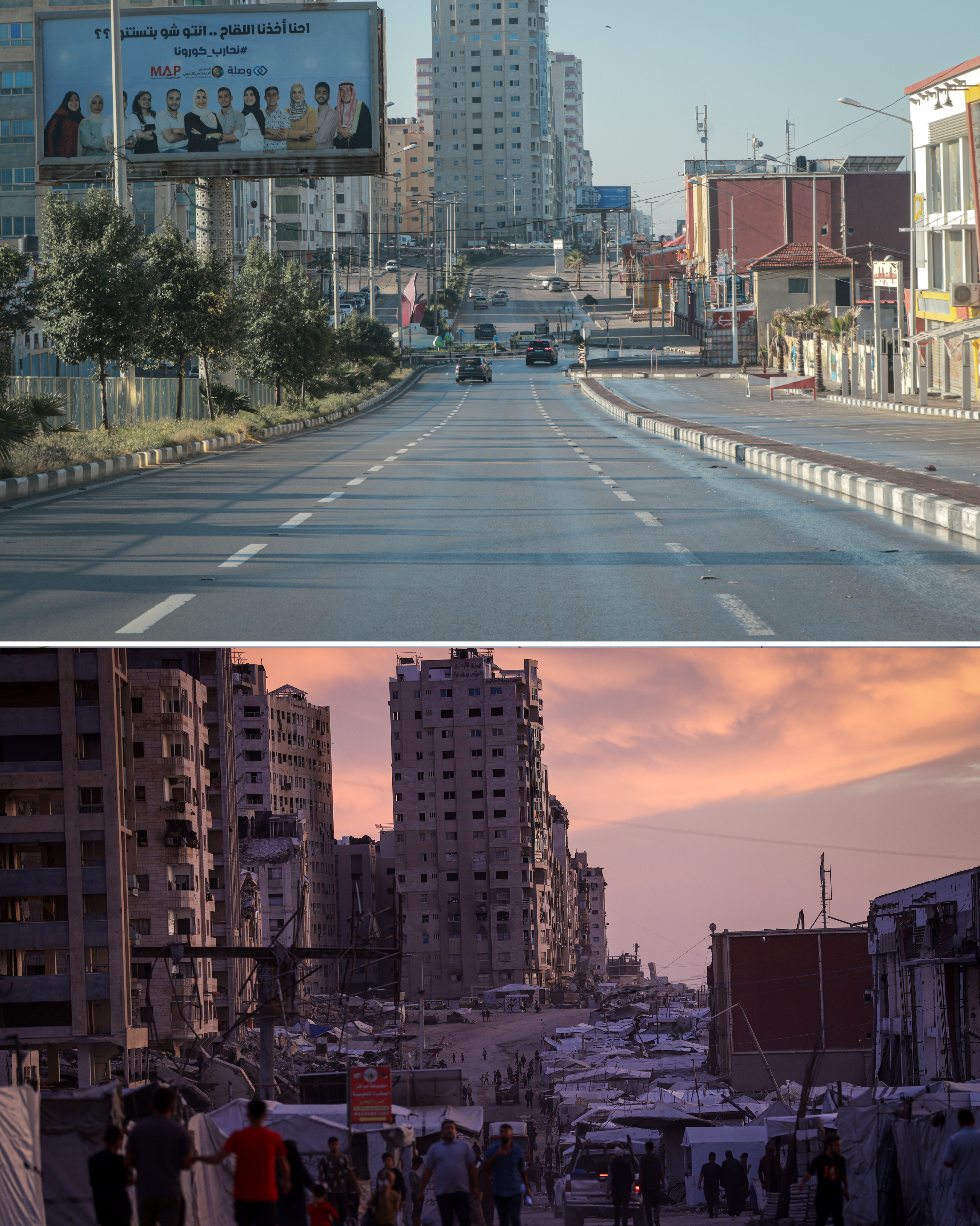 Al-Rashid Street runs nearly 45km along Gaza’s Mediterranean coast, connecting the north and south. Rebuilt in 2015, it was lined with hotels, restaurants, cafes and other vital businesses. After nearly three years of war, parts of the road and surrounding areas have been severely damaged. [Abdelhakim Abu Riash/Al Jazeera]