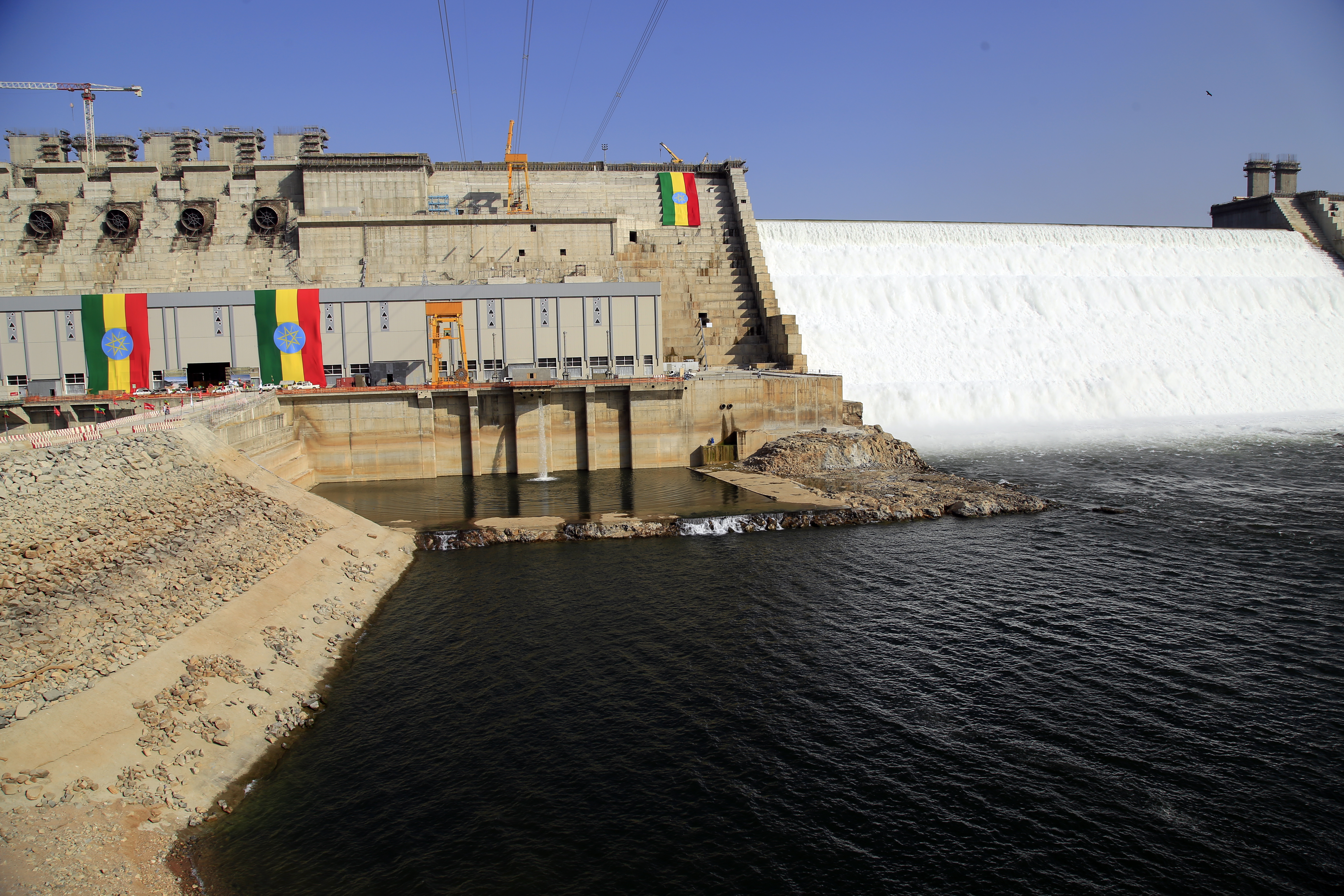 BENISHANGUL-GUMUZ, ETHIOPIA - FEBRUARY 19: A view of Grand Ethiopian Renaissance Dam, a massive hydropower plant on the River Nile that neighbors Sudan and Egypt, as the dam started to produce electricity generation in Benishangul-Gumuz, Ethiopia on February 19, 2022. Ethiopia built the dam on the Nile River in Guba, Benishangul Gumuz Region. The construction of the Grand Ethiopian Renaissance Dam has caused a row between Ethiopia and Egypt and Sudan. (Photo by Minasse Wondimu Hailu/Anadolu Agency via Getty Images)