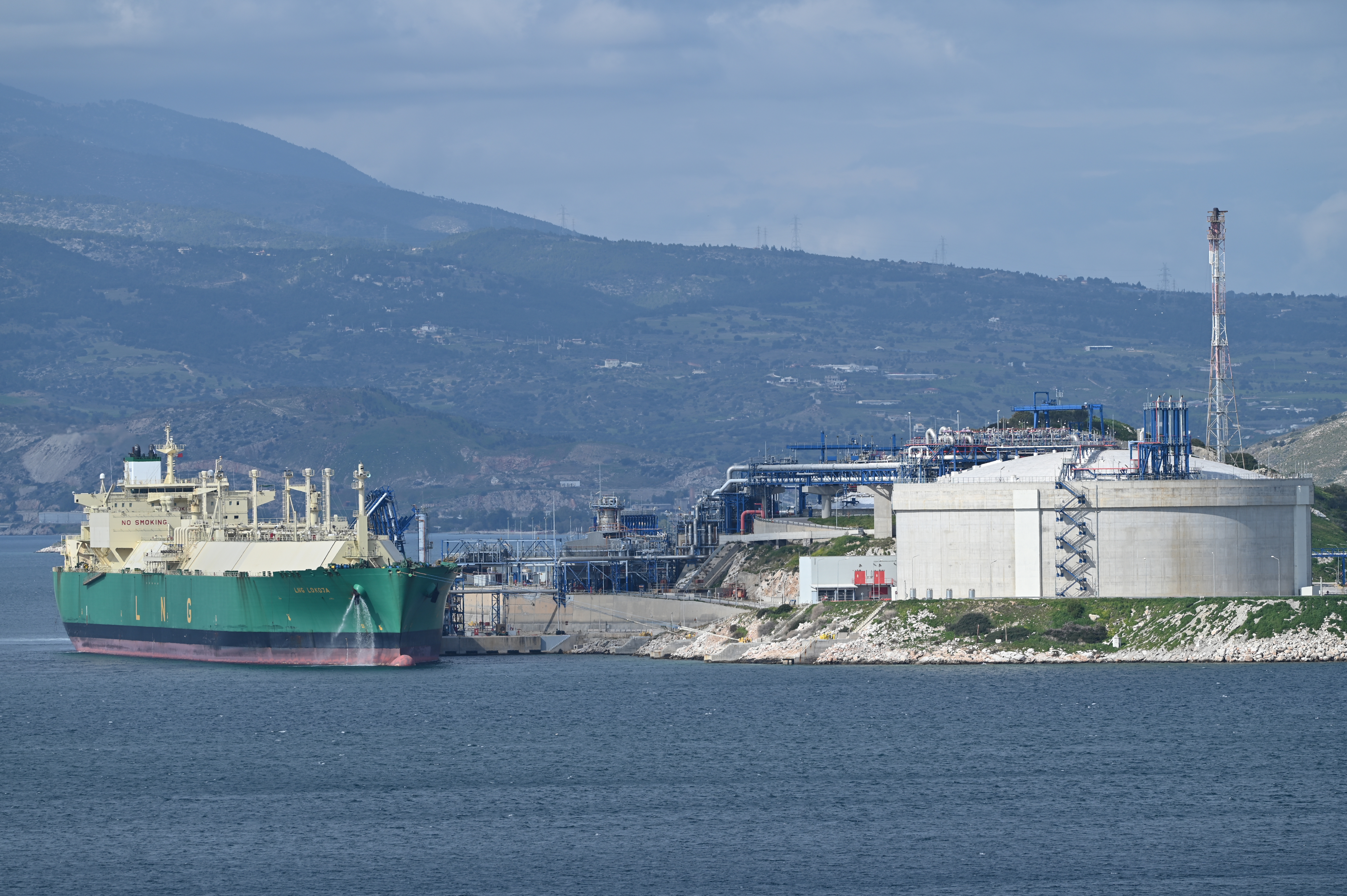 The tanker LNG LOKOJA, which departs from the Port of Bonny, Nigeria, unloads Nigerian LNG at the Revithoussa terminal, near Athens, Greece, on February 22, 2026. Cargoes from Nigeria contribute to the diversification of European gas supplies and strengthen energy security in the post-Russian gas market. (Photo by Nicolas Koutsokostas/NurPhoto via Getty Images)