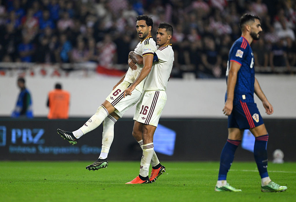 Mikel Merino of Spain celebrates scoring his team’s first goal with teammate Rodri during the UEFA Nations League 2026/27 group phase match between Croatia and Spain
