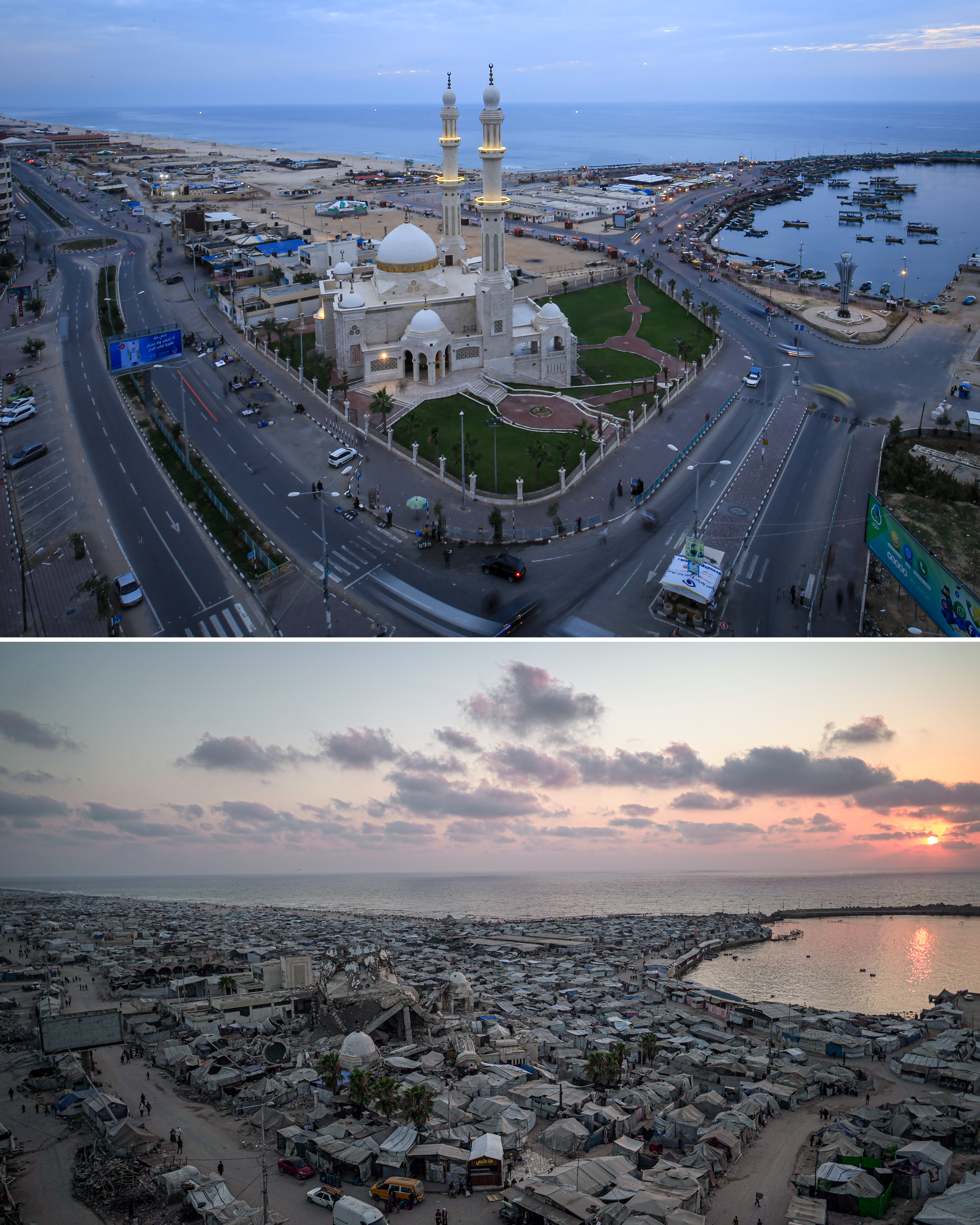Gaza’s port has long been a central part of life along the city’s coast, serving as a base for local fishermen and a familiar gathering place for residents. After the war, the port and its surrounding coastline have been heavily damaged, with thousands of displaced families now sheltering in tents across the port. [Abdelhakim Abu Riash/Al Jazeera]