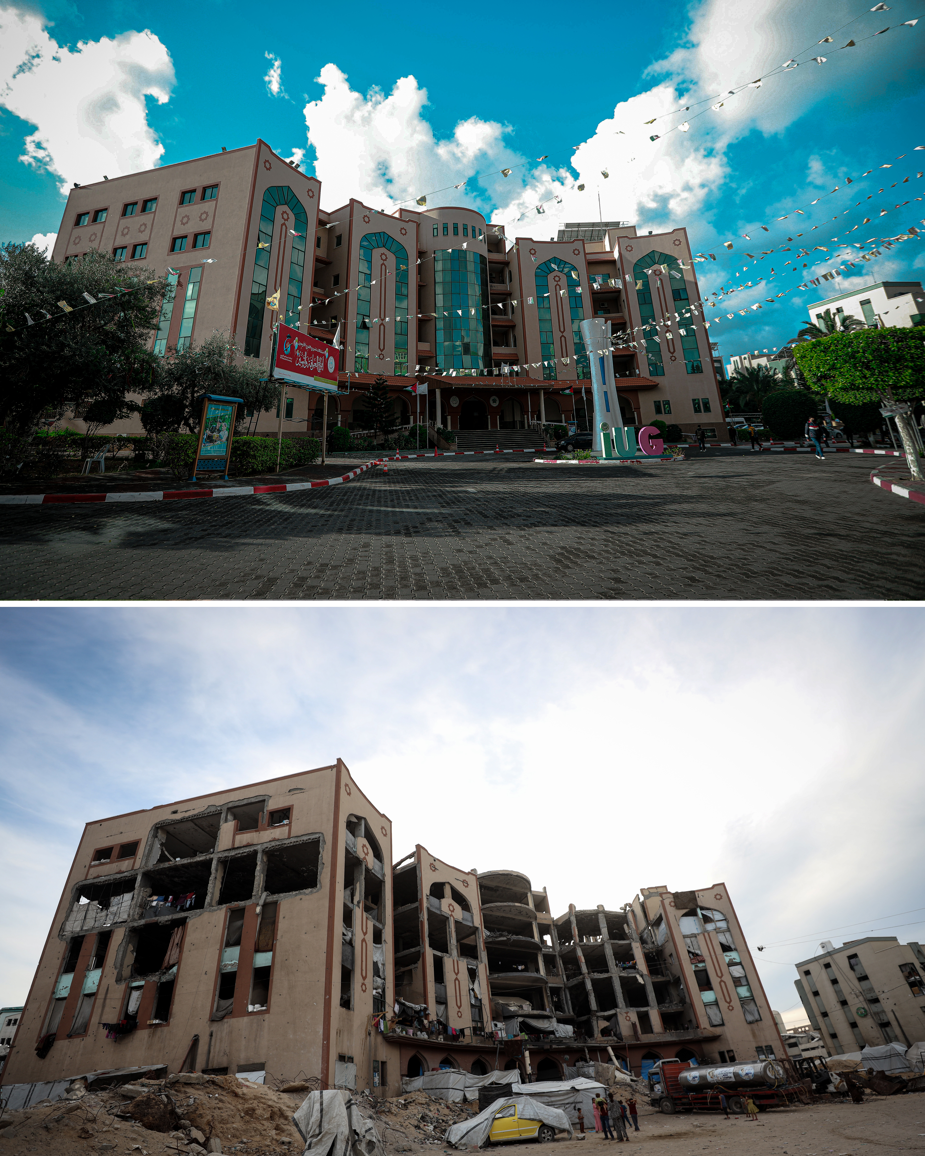 The Islamic University of Gaza, established in 1978, was one of Gaza’s main centres of higher education, with a large campus in Gaza City’s Rimal neighbourhood. After nearly three years of war, much of the university has been destroyed, while what remains of the campus has been turned into a tent shelter for displaced Palestinians.[Abdelhakim Abu Riash/Al Jazeera]