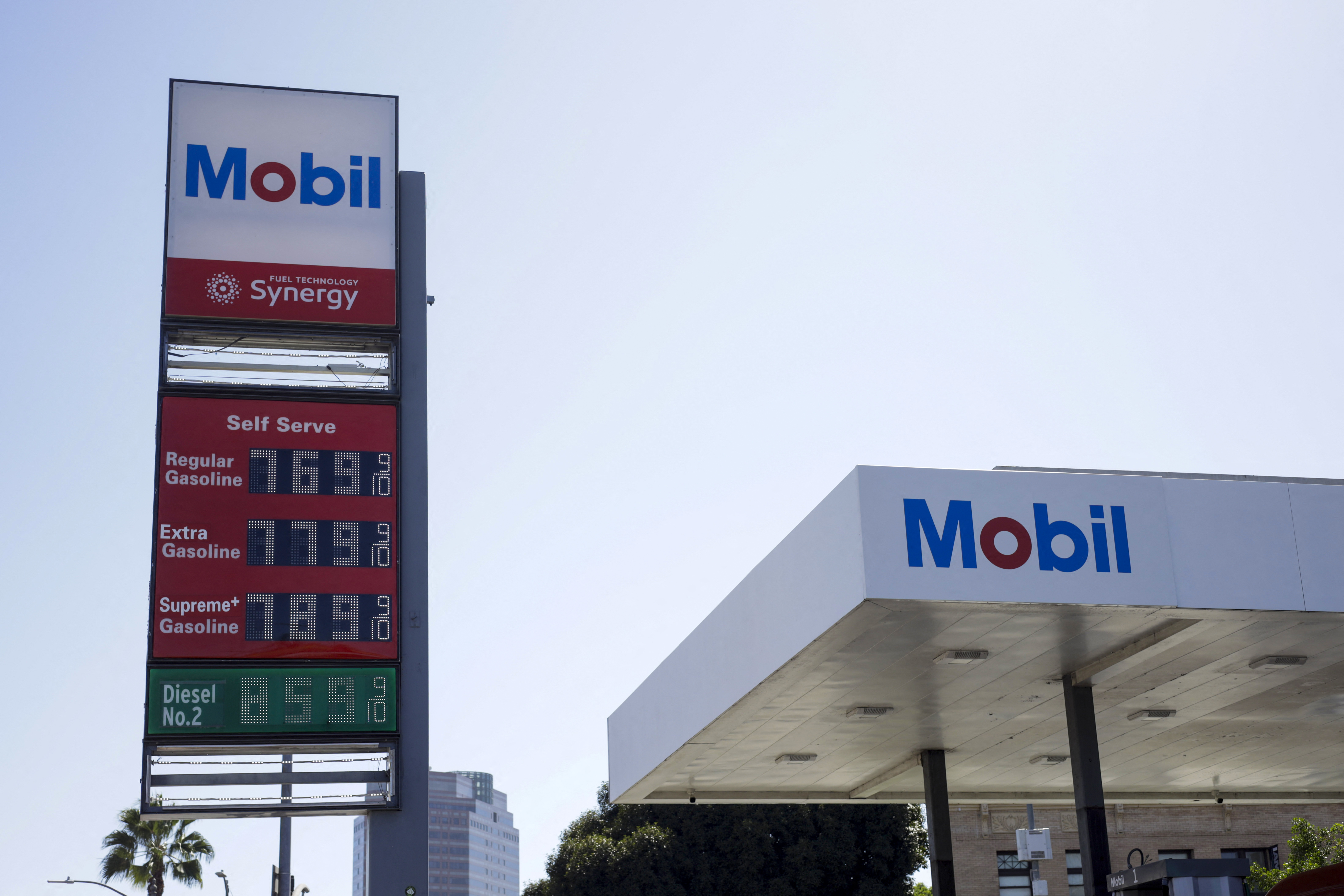 Gas prices above $7 a gallon for regular gasoline and $8 a gallon for diesel are displayed at a Mobil gas station in Los Angeles, on September 23, 2026.