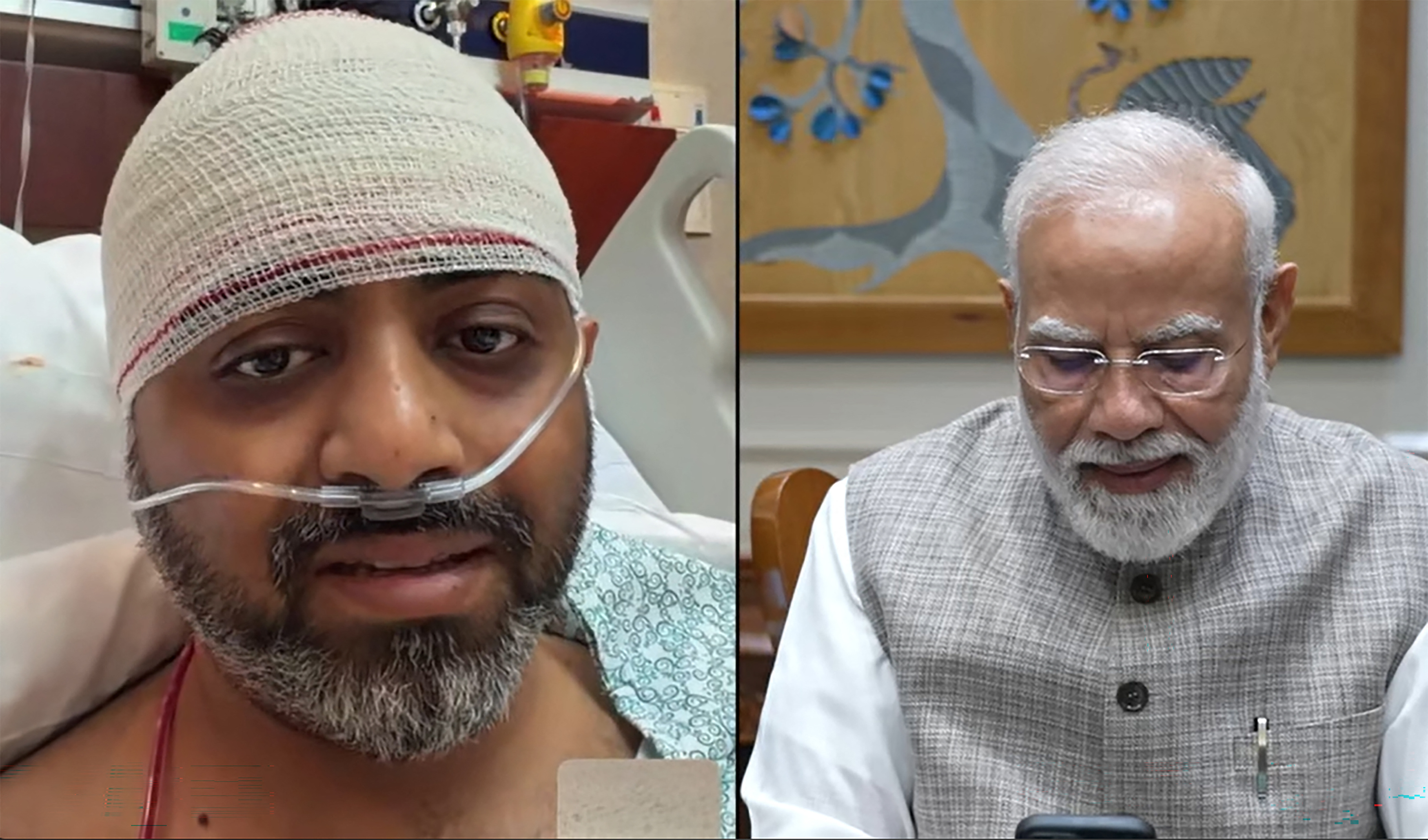 This screengrab of video footage released by the Narendra Modi YouTube Channel on October 2, 2026 shows India's Prime Minister Narendra Modi (R) making a video call with flydubai pilot Smit Machchhar, as he is recovering in a hospital in the United Arab Emirates.