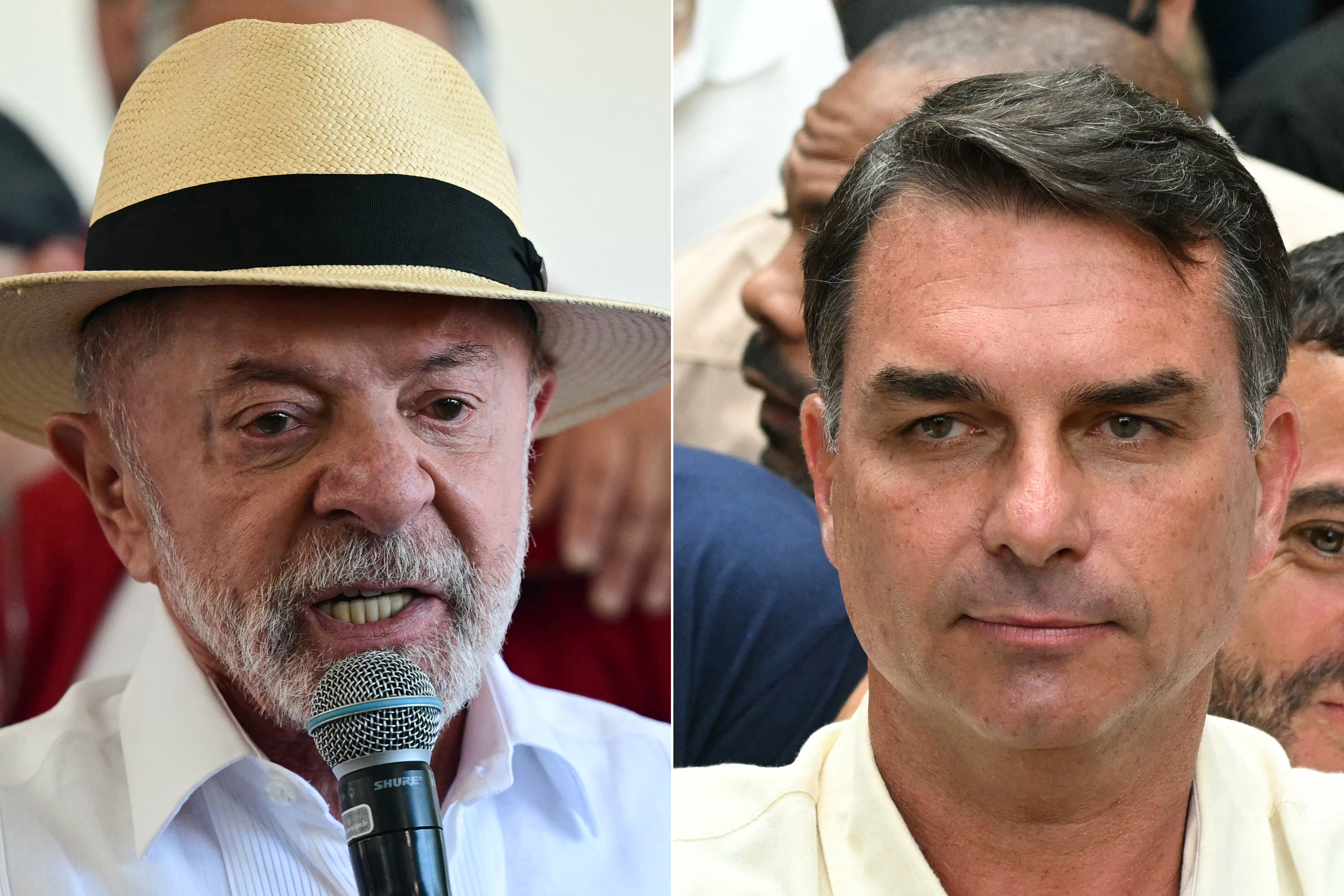 This combination of pictures created on October 4, 2026, shows Brazil's President and re-election candidate for the Workers' Party (PT) Luiz Inacio Lula da Silva (R) speaks to the media after casting his vote during the presidential election at a polling station in Sao Bernardo do Campo, state of Sao Paulo, Brazil, on October 4, 2026; and Brazil's right-wing senator and presidential candidate for the Liberal Party (PL) Flavio Bolsonaro gives thumbs up in front of Rio de Janeiro gubernatorial candidate Douglas Ruas (C, back), as he leaves a polling station after voting during the presidential election in Rio de Janeiro, Brazil, on October 4, 2026.