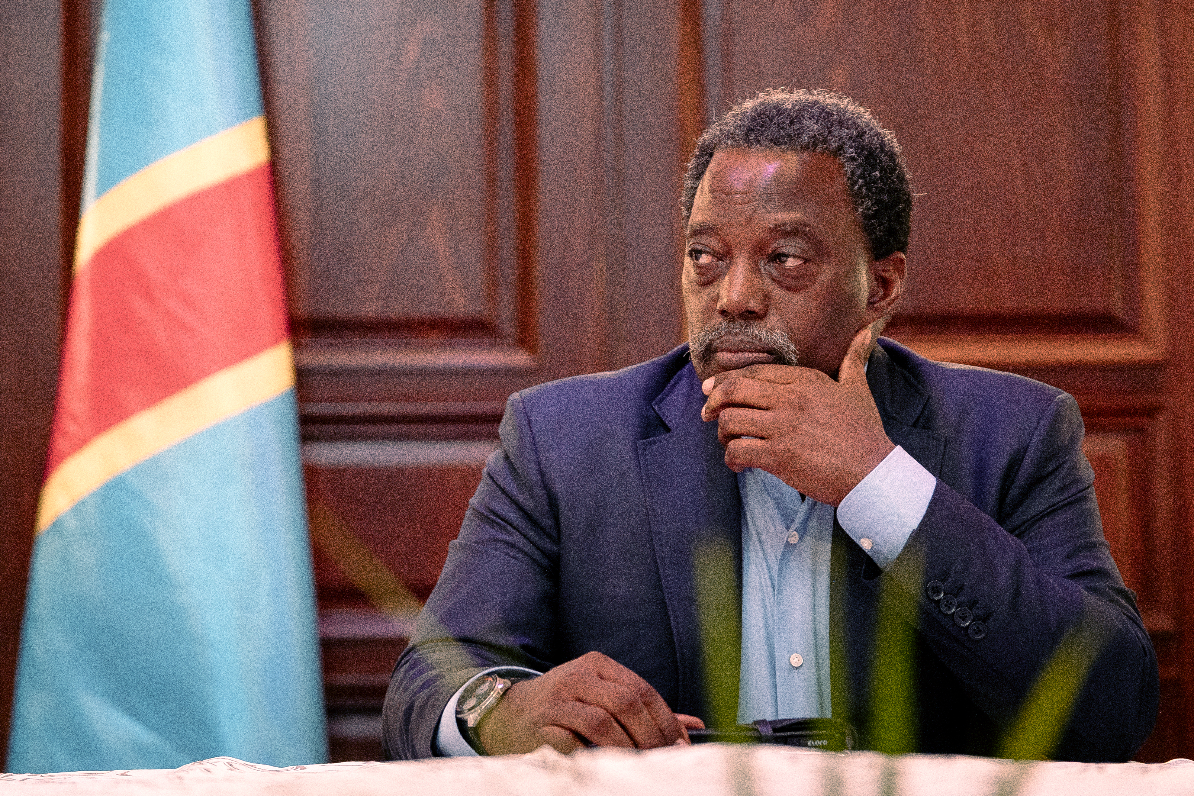 Former Democratic Republic of Congo President Joseph Kabila holds a news conference.