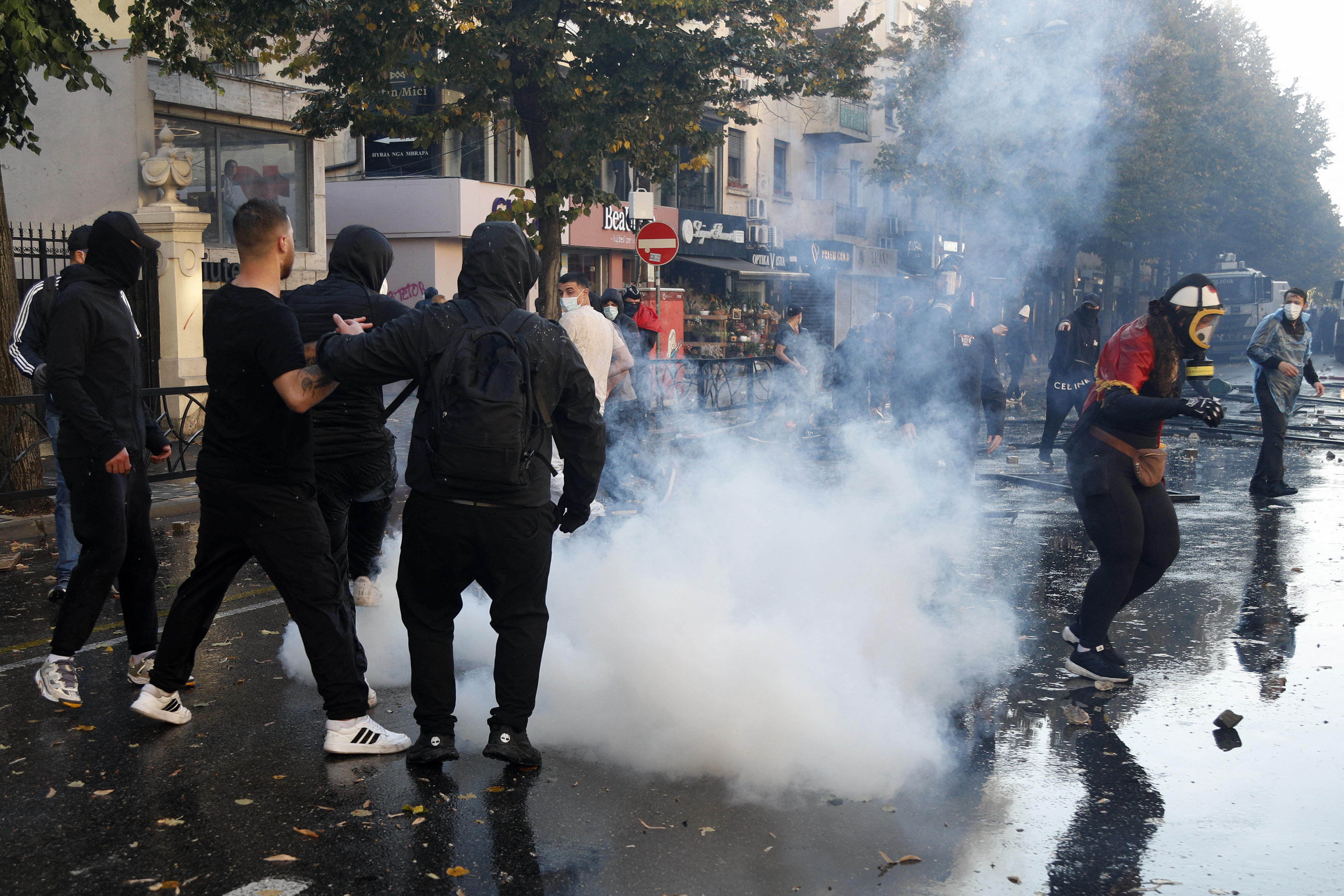 Students clash with riot police during a protest in Tirana on October 13, 2026, as hundreds rallied to demand the resignation of Albanian Prime Minister Edi Rama and better education.