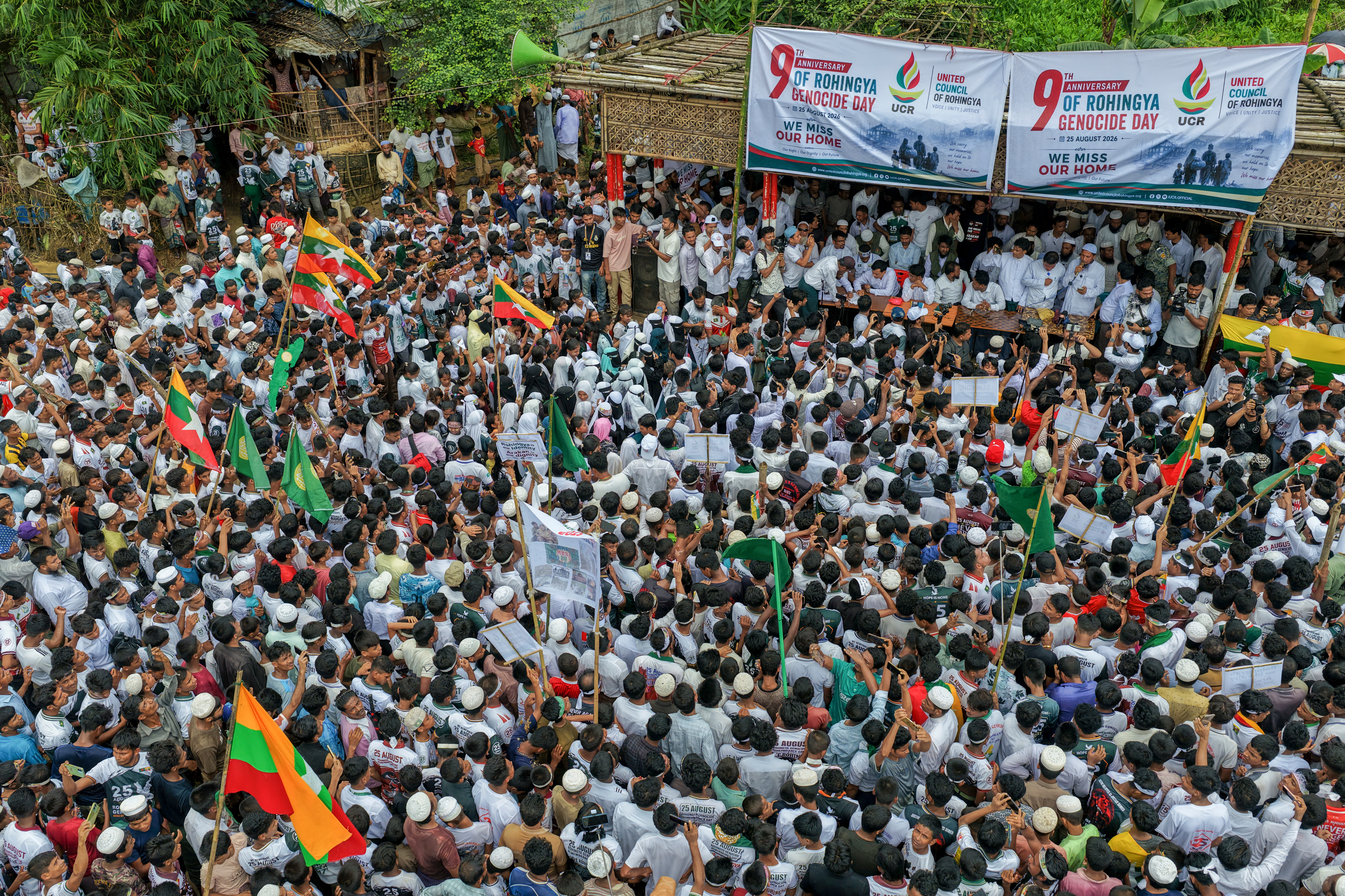 Rohingyas gather during an event at a refugee camp in Cox's Bazar, Bangladesh, Tuesday, Aug. 25, 2026, marking the anniversary of the their exodus. (AP Photo/Abdul Goni)