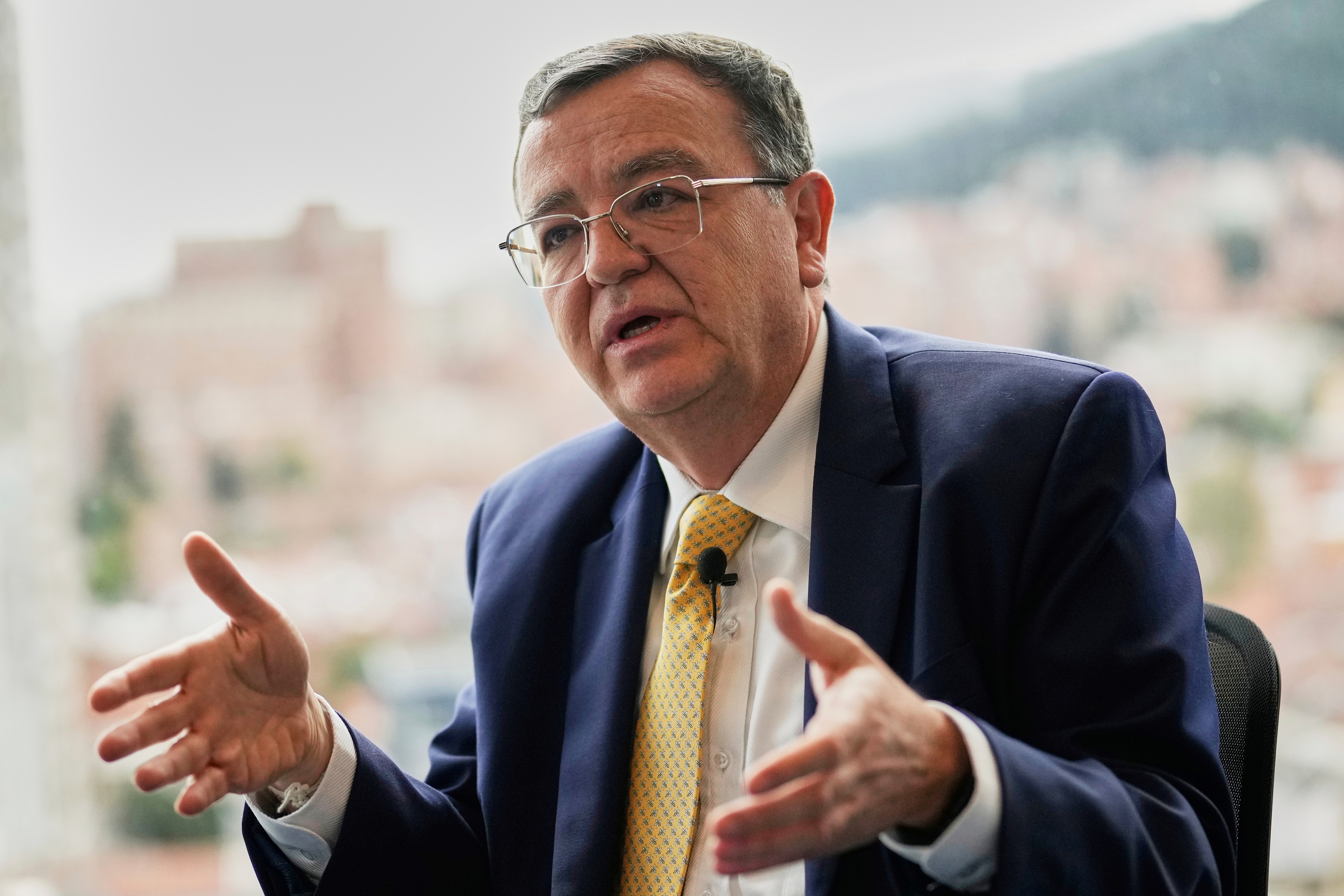 FILE - Special Jurisdiction for Peace President Judge Alejandro Ramelli Arteaga gives an interview in Bogota, Colombia, on July 1, 2025. (AP Photo/Fernando Vergara, File)