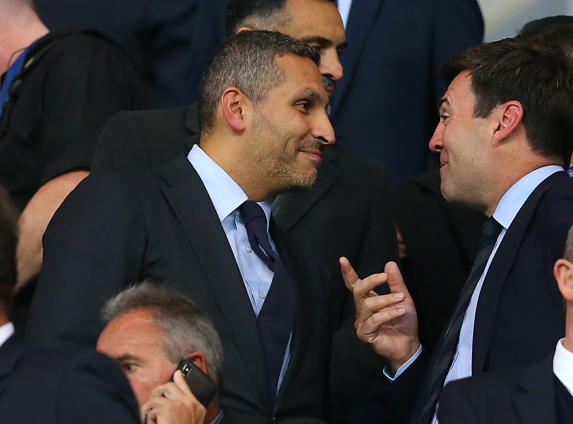 MANCHESTER, ENGLAND - SEPTEMBER 11: Khaldoon Al Mubarak, Manchester City Chairman chats to politician , Andy Burham during the Vincent Kompany testimonial match between Manchester City Legends v Premier League All-Stars XI at Etihad Stadium on September 11, 2019 in Manchester, England. (Photo by Alex Livesey/Getty Images)