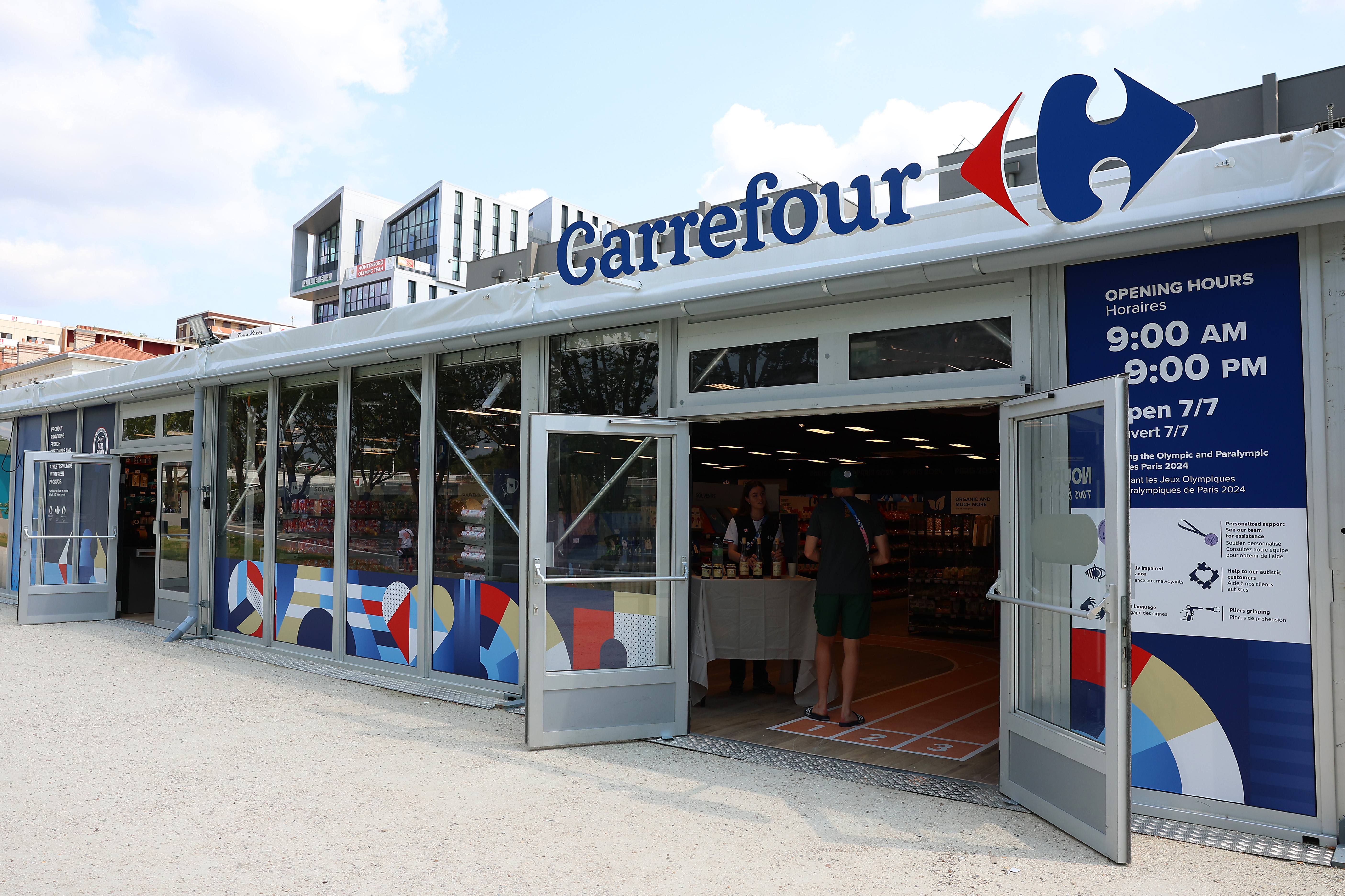 PARIS, FRANCE - JULY 24: A Carrefour Supermarket inside of the Olympic Village during previews ahead of the Paris 2024 Olympic Games on July 24, 2024 in Paris, France. (Photo by Richard Pelham/Getty Images)