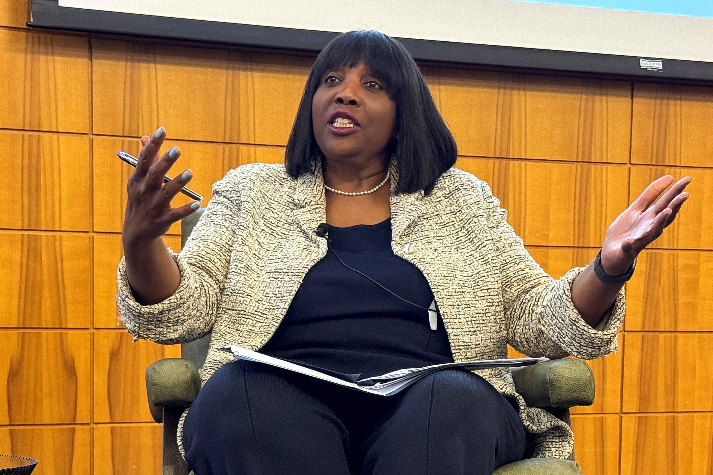 FILE PHOTO: Federal Reserve Governor Lisa Cook speaks at the Stanford Institute of Economic Policy Research in Palo Alto, California, U.S., May 27, 2026. REUTERS/Ann Saphir/File Photo